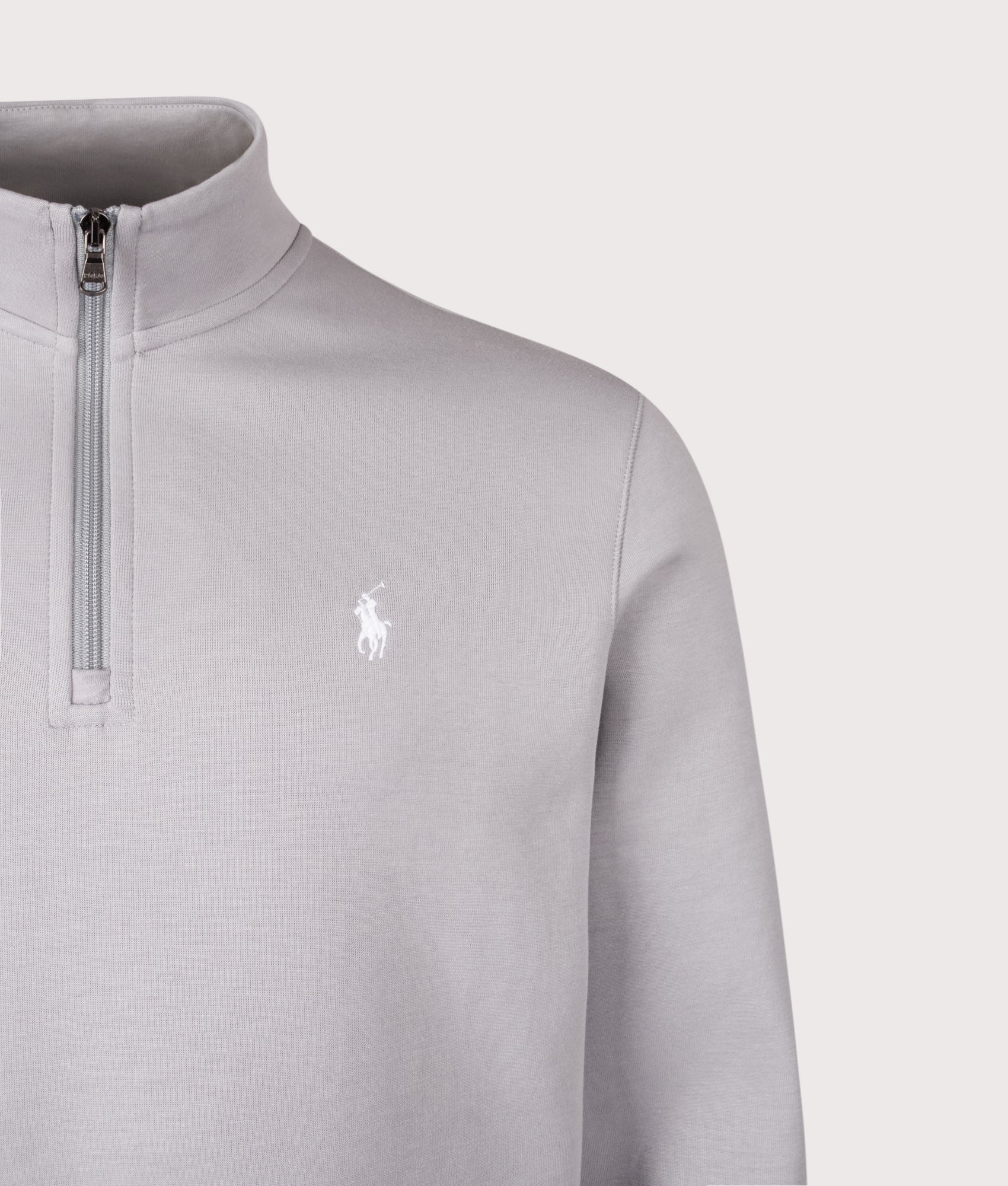 Double Knit Quarter Zip Sweatshirt in Soft Grey | Polo Ralph Lauren | EQVVS | Front detail shot 