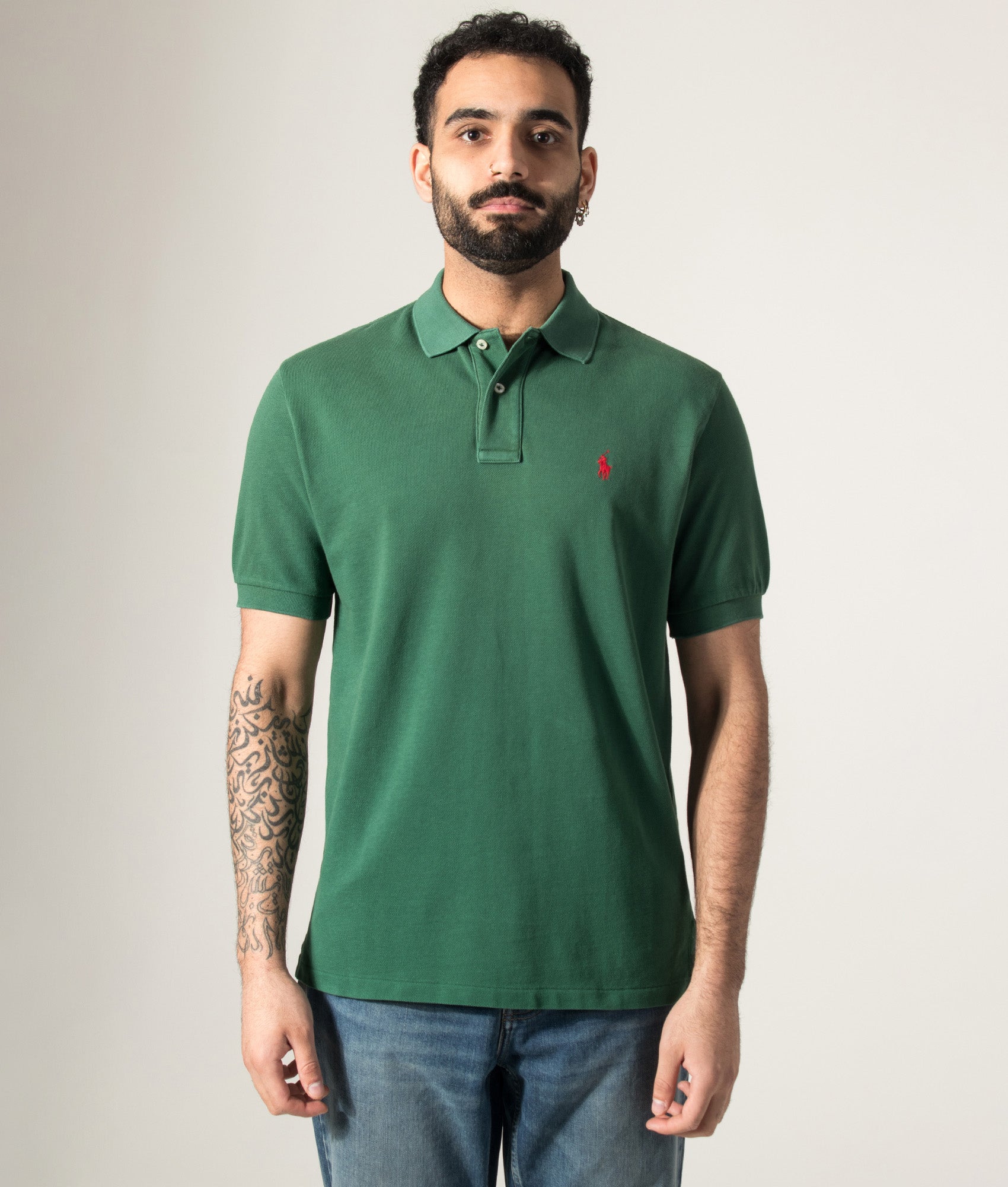 Polo Ralph Lauren Mesh Polo Shirt in Grass Green at EQVVS Menswear. Model front shot.