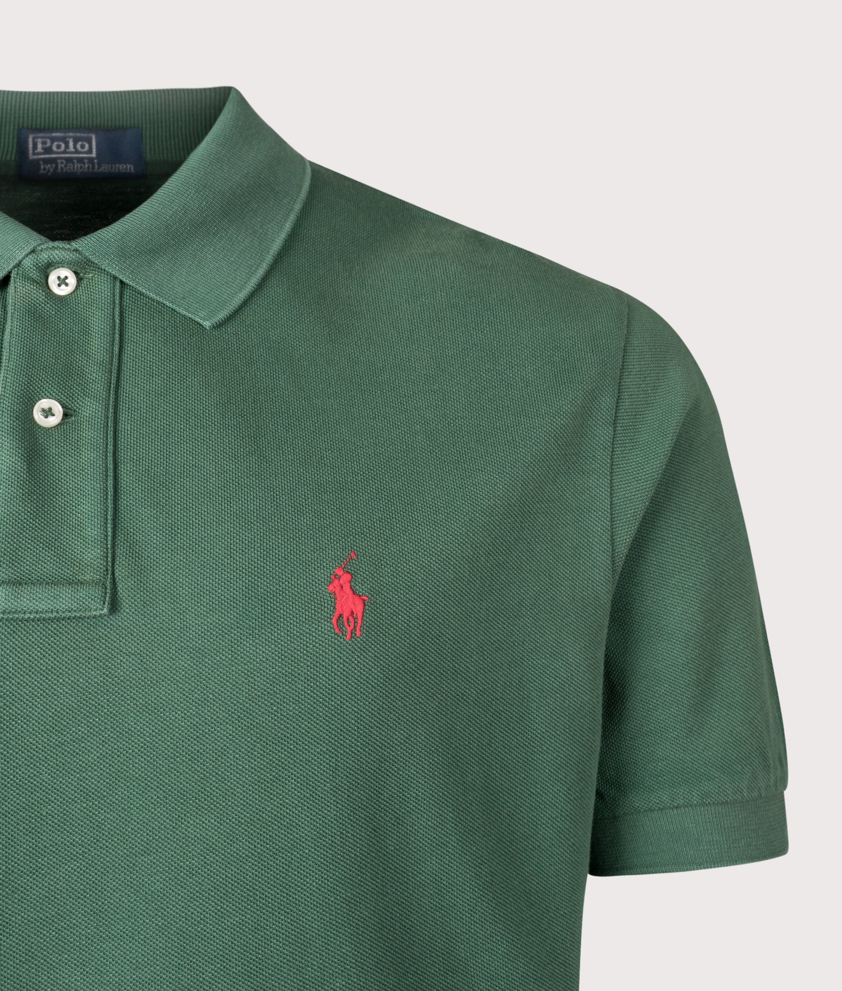 Polo Ralph Lauren Mesh Polo Shirt in Grass Green at EQVVS Menswear. Detail shot.