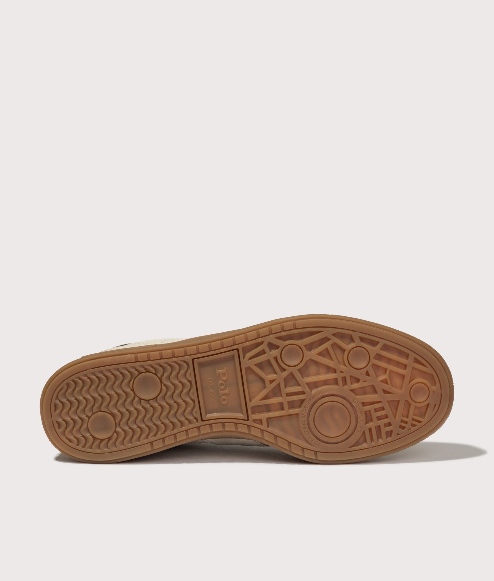 Polo Ralph Lauren Bedford Suede Sneakers in Milkshake and Dark Brown at EQVVS Menswear. Tread shot.