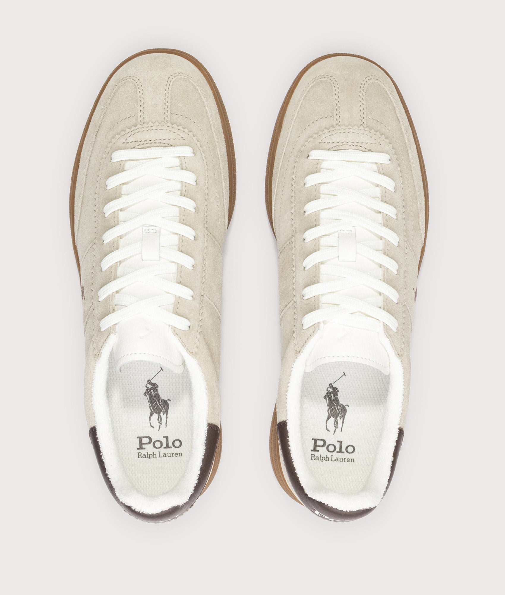 Polo Ralph Lauren Bedford Suede Sneakers in Milkshake and Dark Brown at EQVVS Menswear. Top shot.