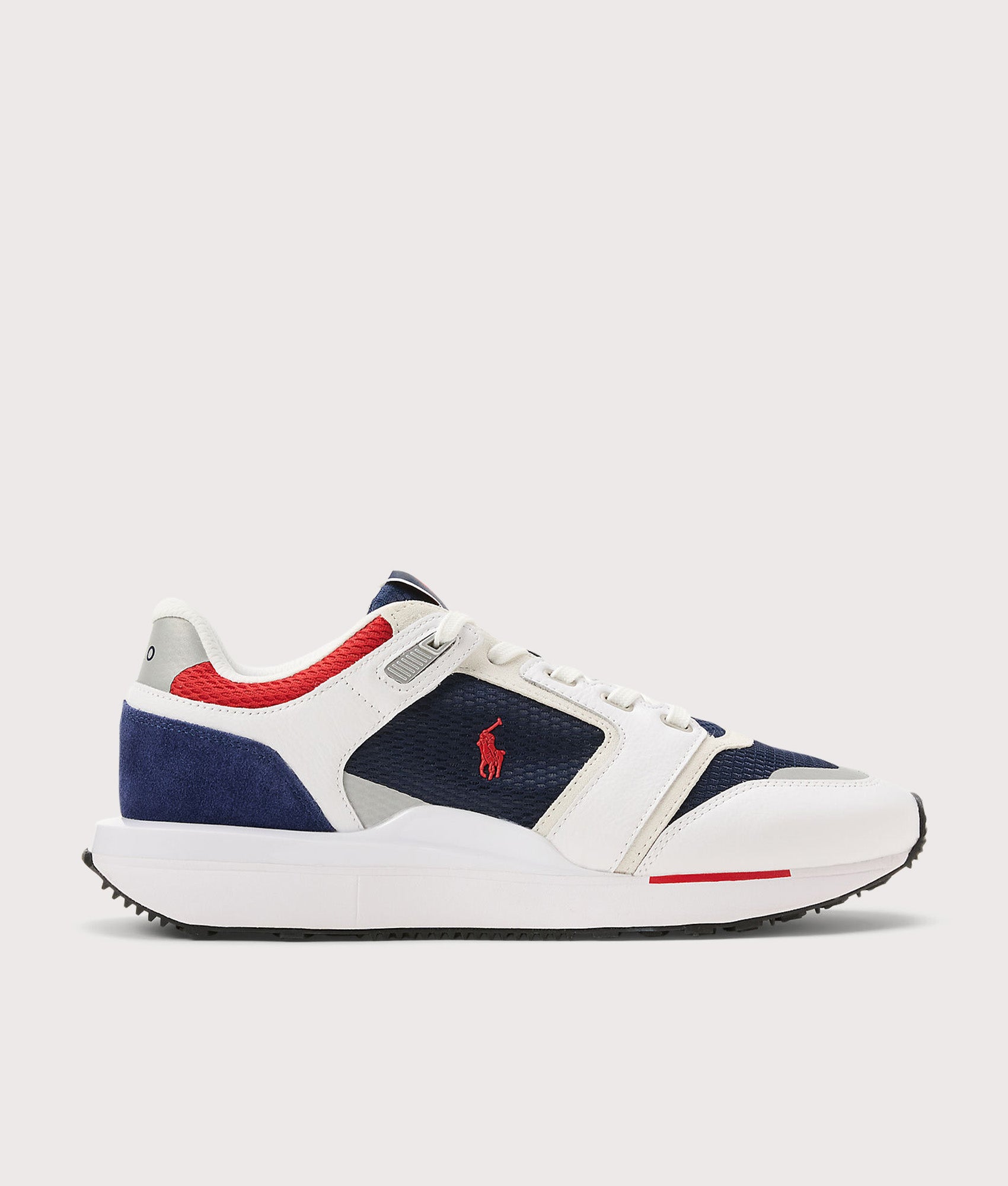 Polo Ralph Lauren Train 89 V2 Suede-Paneled Sneakers in White, Navy and Red at EQVVS Menswear. Side shot.