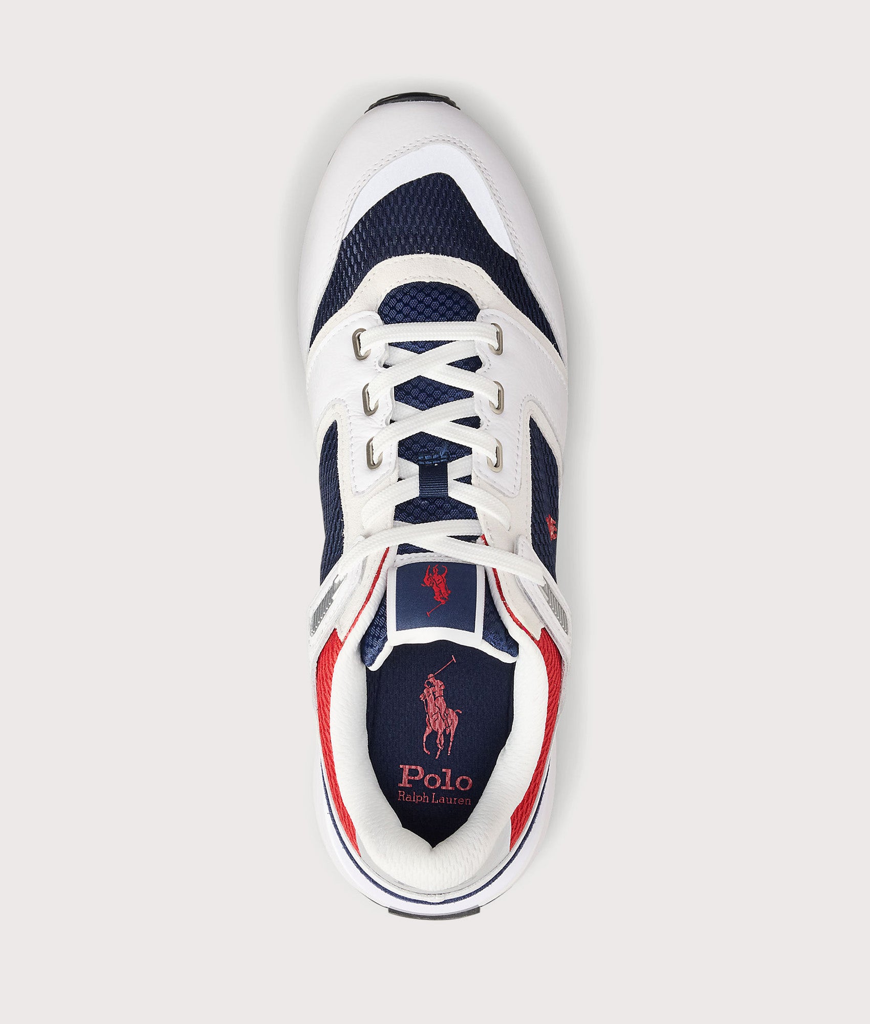 Polo Ralph Lauren Train 89 V2 Suede-Paneled Sneakers in White, Navy and Red at EQVVS Menswear. Top shot.