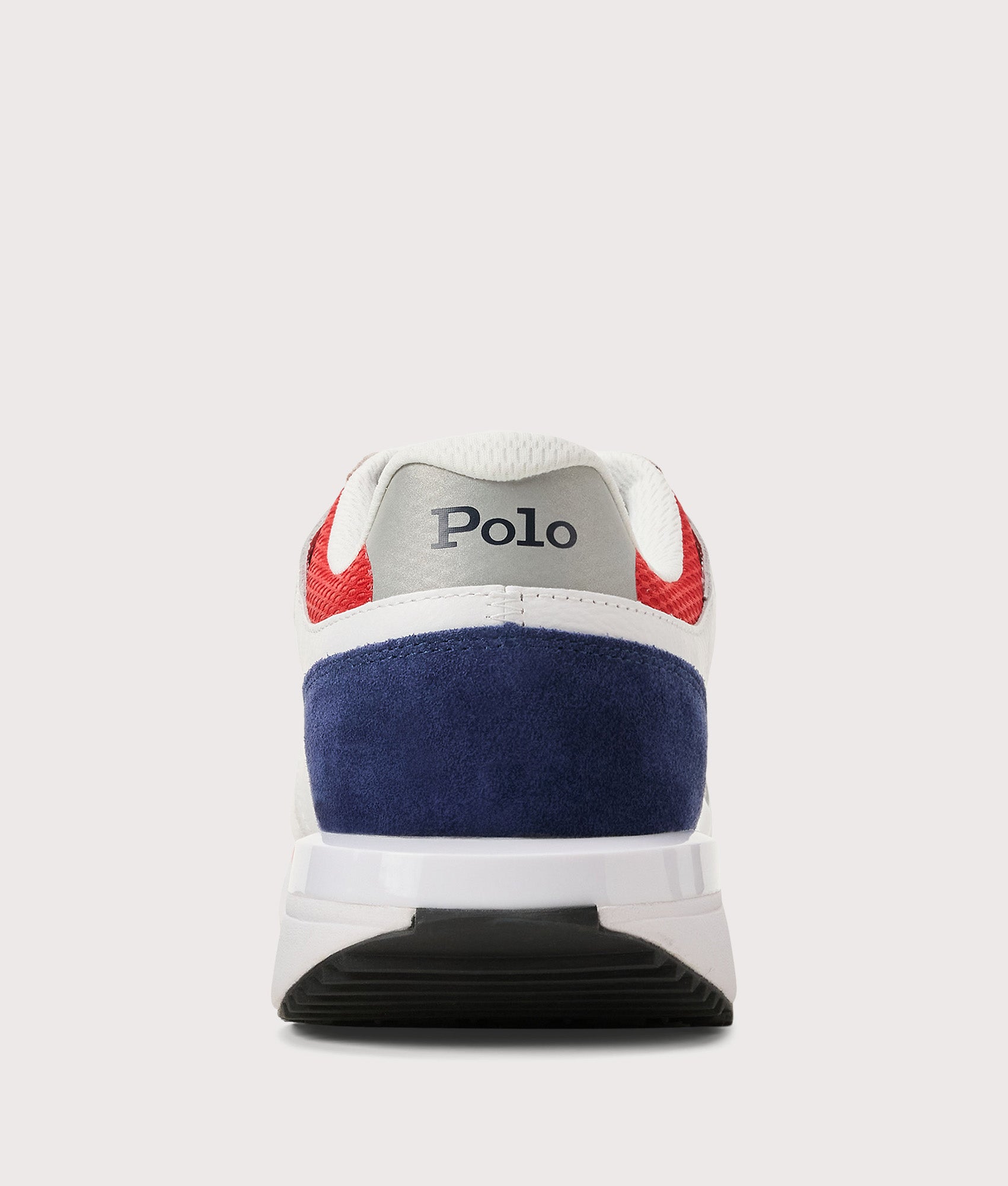 Polo Ralph Lauren Train 89 V2 Suede-Paneled Sneakers in White, Navy and Red at EQVVS Menswear. Back shot.