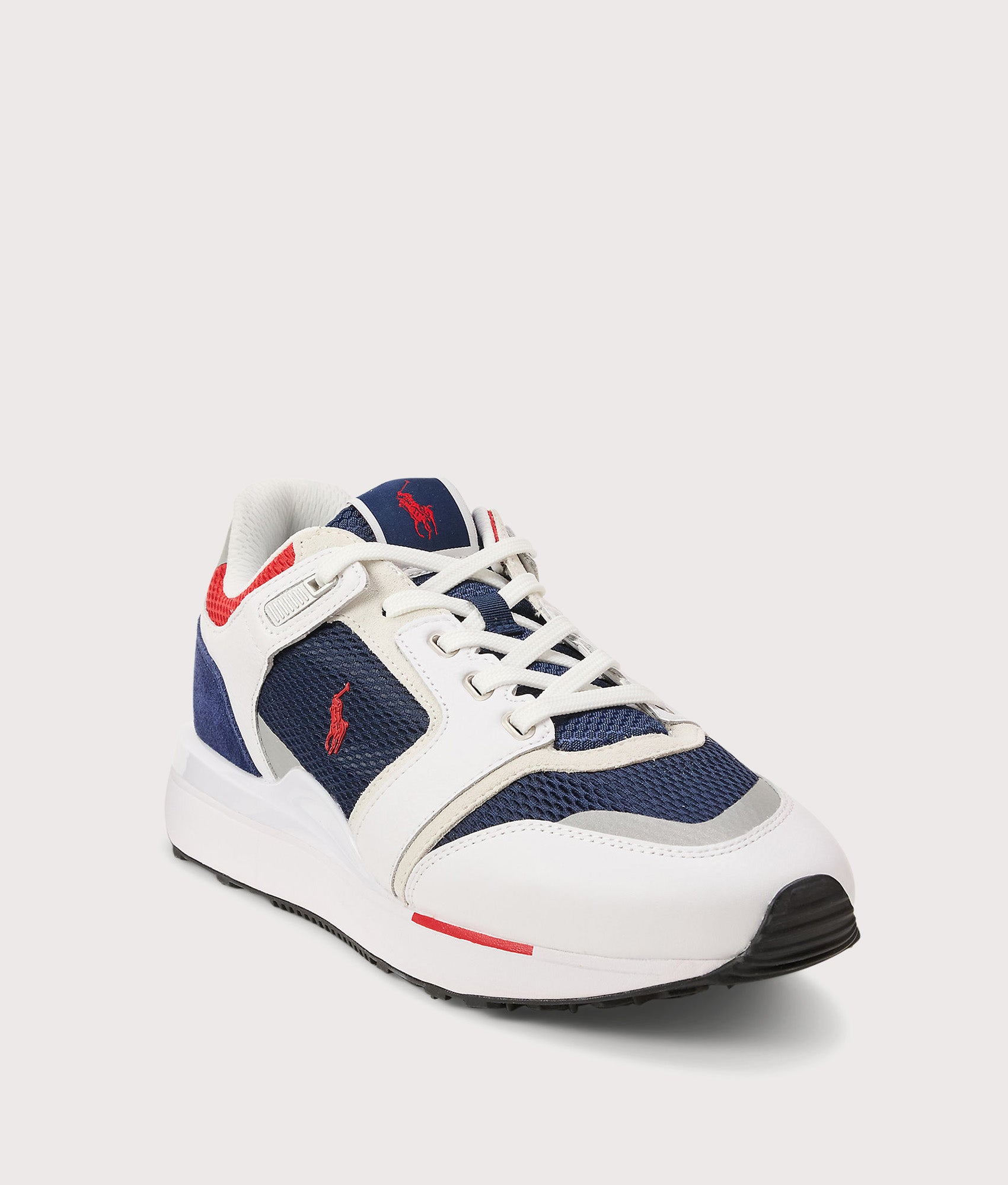 Polo Ralph Lauren Train 89 V2 Suede-Paneled Sneakers in White, Navy and Red at EQVVS Menswear. Angled front shot.