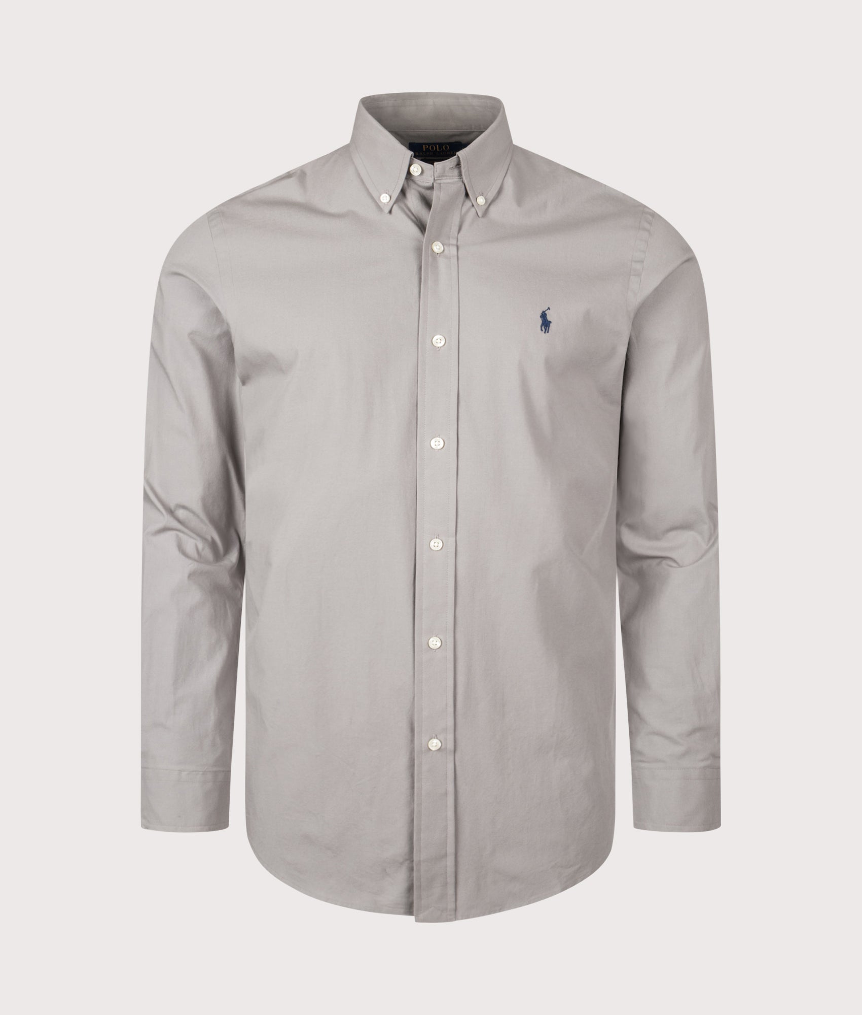 Polo Ralph Lauren Custom Fit Stretch Poplin Shirt in Athletic Grey at EQVVS Menswear. Front shot.