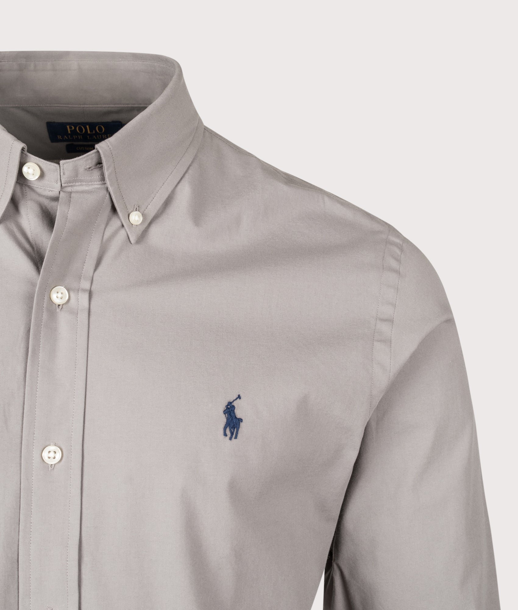 Custom Fit Stretch Poplin Shirt in Athletic Grey | Polo Ralph Lauren | EQVVS | Front detail shot 