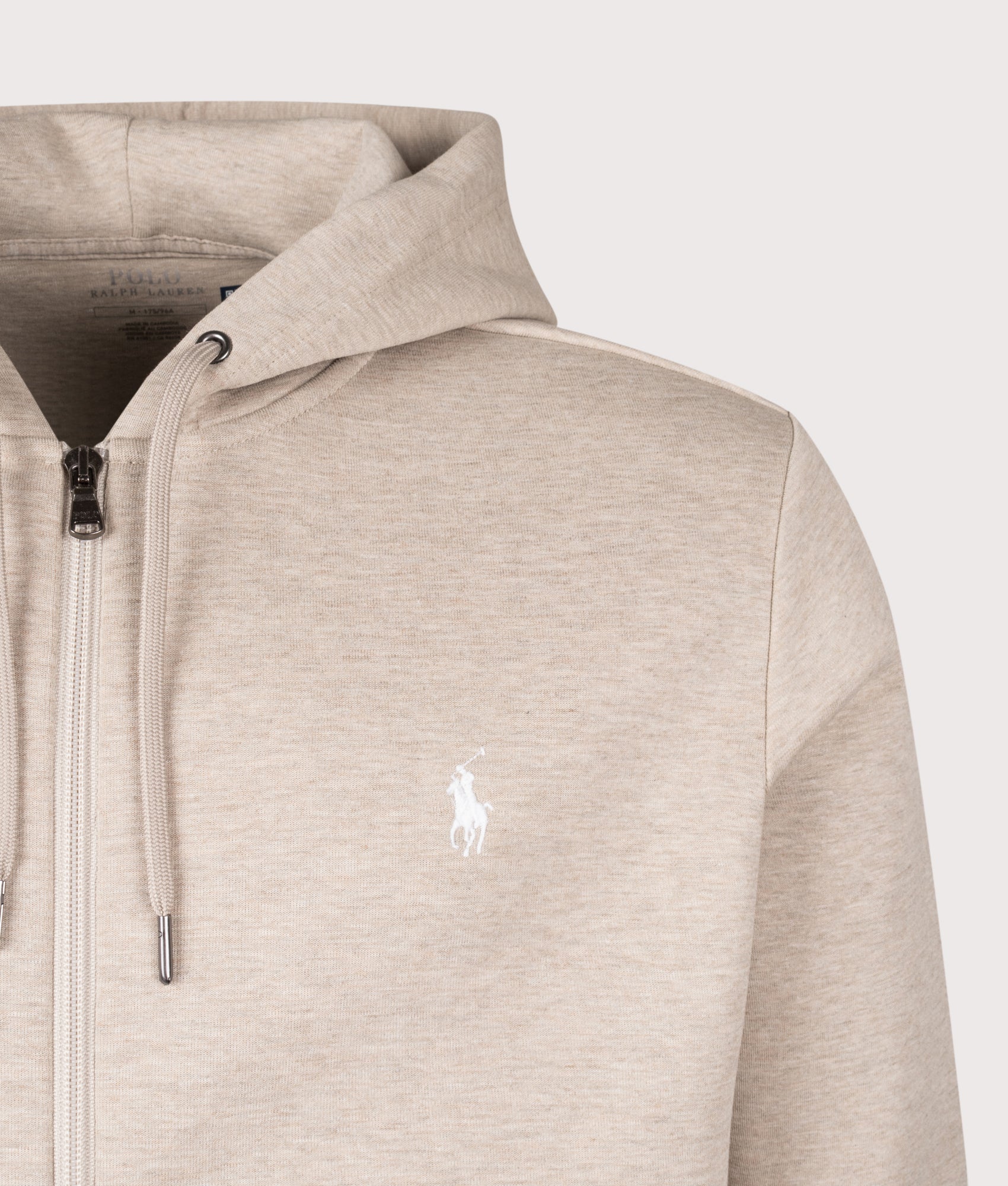Zip Through Double Knit Hoodie in Tuscan Beige Heather | Polo Ralph Lauren | EQVVS | Front detail shot 