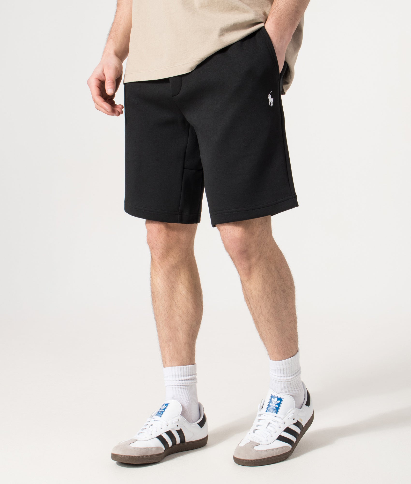 Polo Ralph Lauren Regular Fit Double Knit Athletic Sweat Shorts in Polo Black at EQVVS Menswear. Angled model front shot. 