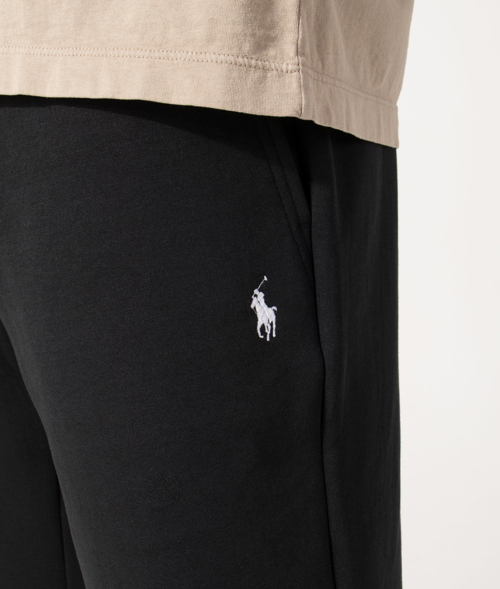 Polo Ralph Lauren Regular Fit Double Knit Athletic Sweat Shorts in Polo Black at EQVVS Menswear. Detail shot.