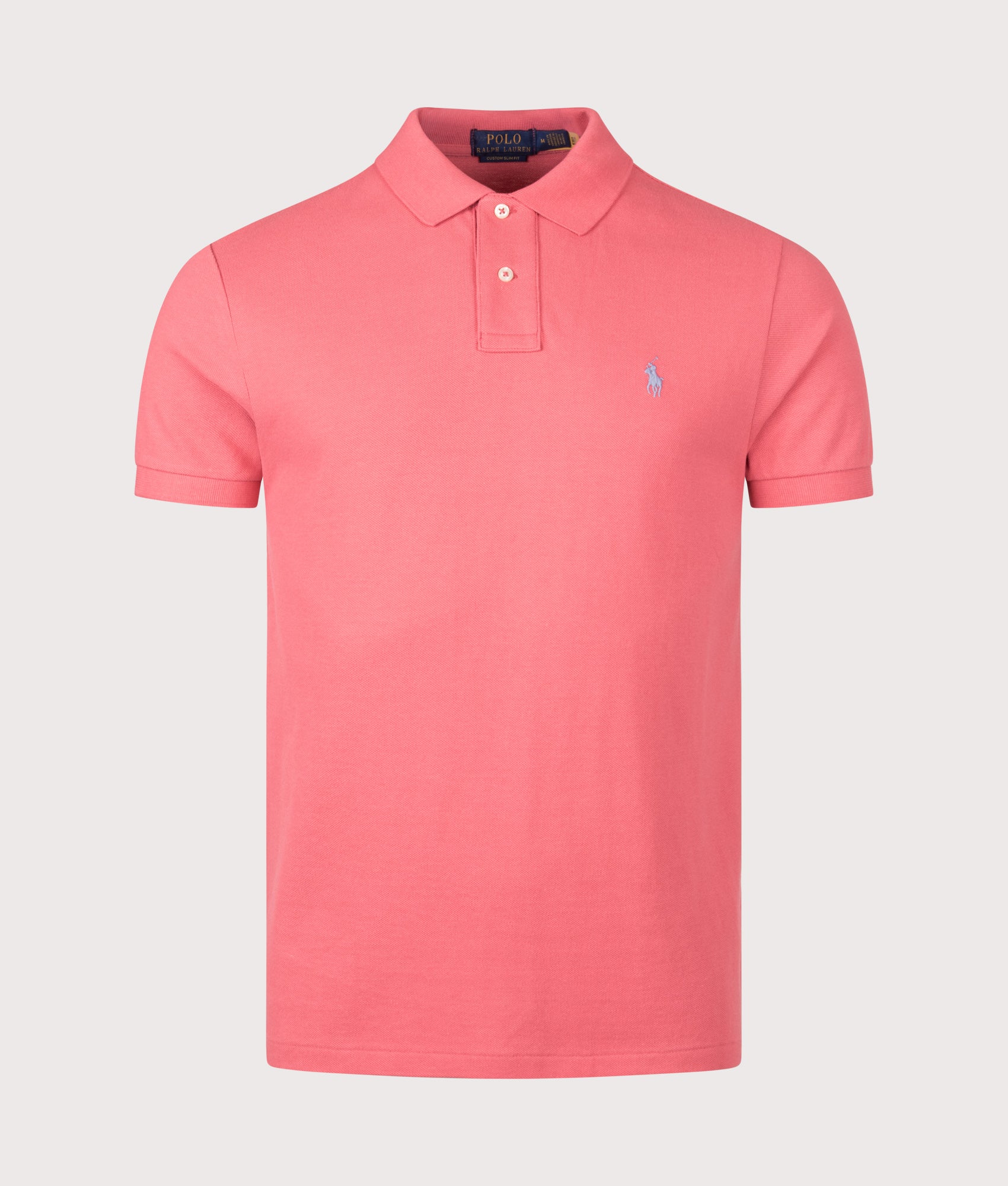 Custom Slim Fit Mesh Polo Shirt in Red Sky by Polo Ralph Lauren. Shot by EQVVS. Front shot.