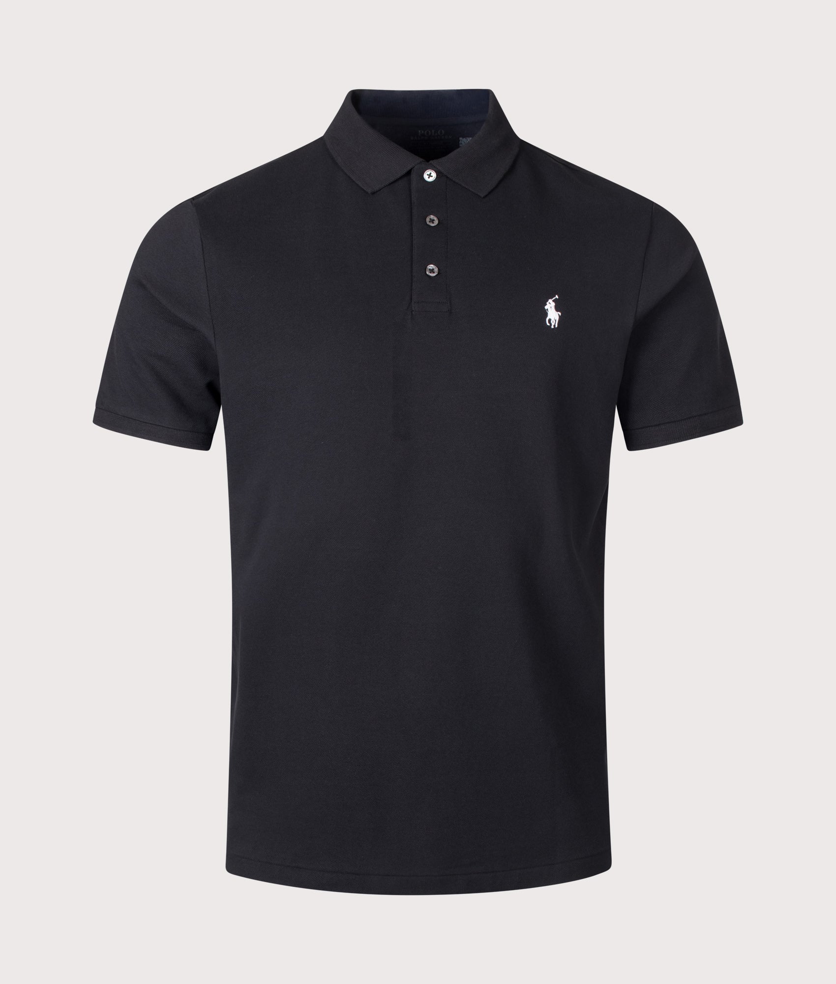 Polo Ralph Lauren Custom Slim Fit Stretch Mesh Polo Shirt in Polo Black at EQVVS Menswear. Front shot.