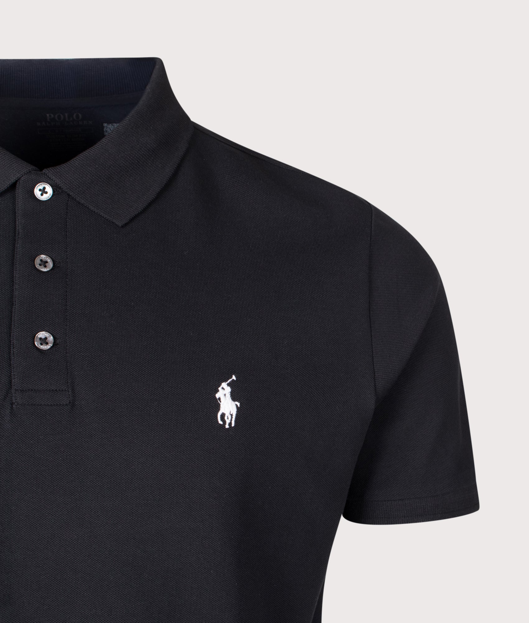 Polo Ralph Lauren Custom Slim Fit Stretch Mesh Polo Shirt in Polo Black at EQVVS Menswear. Detail shot.