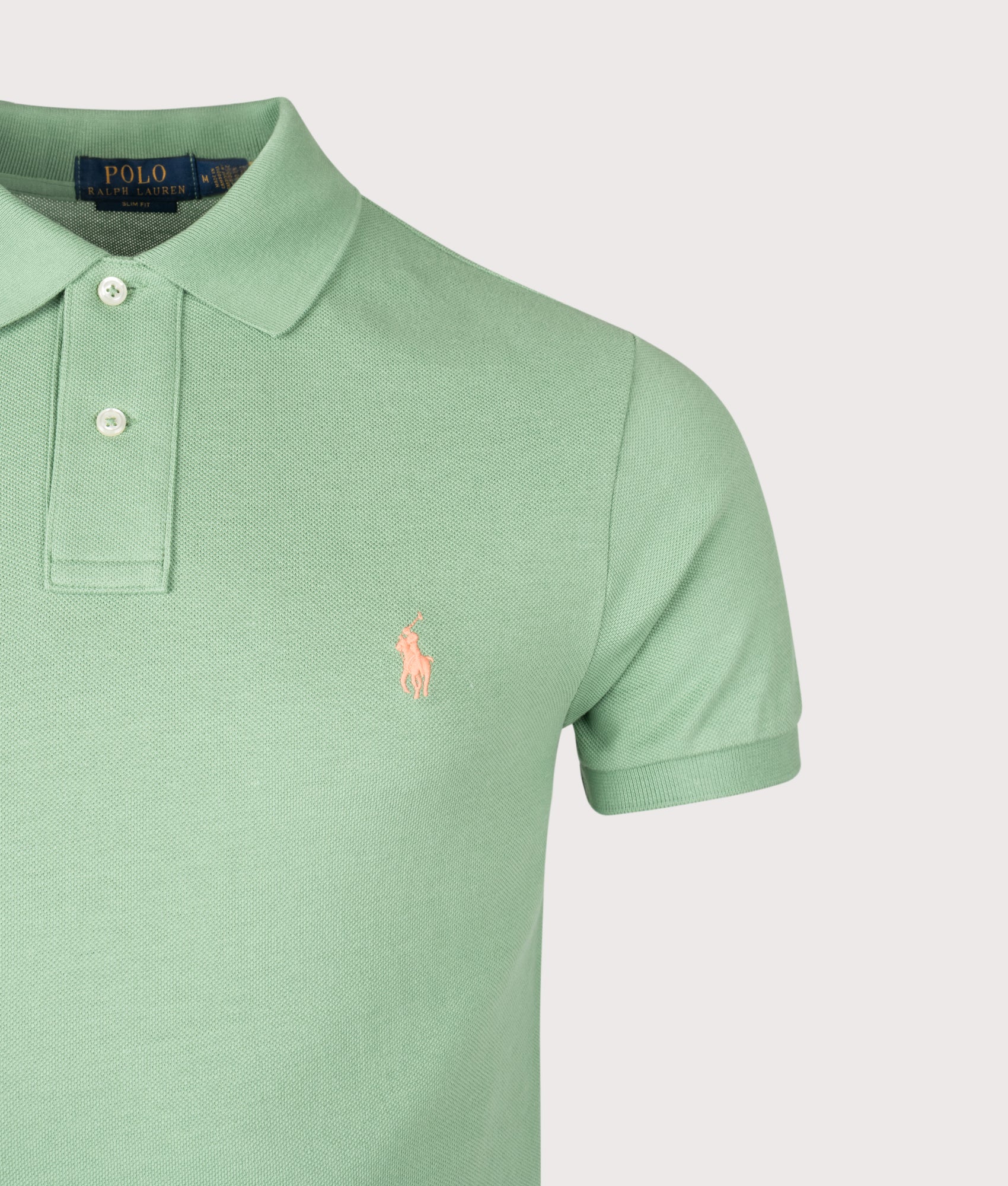 Slim Fit Mesh Polo Shirt in Outback Green | 100% Cotton | Polo Ralph Lauren | EQVVS | Front detail shot 