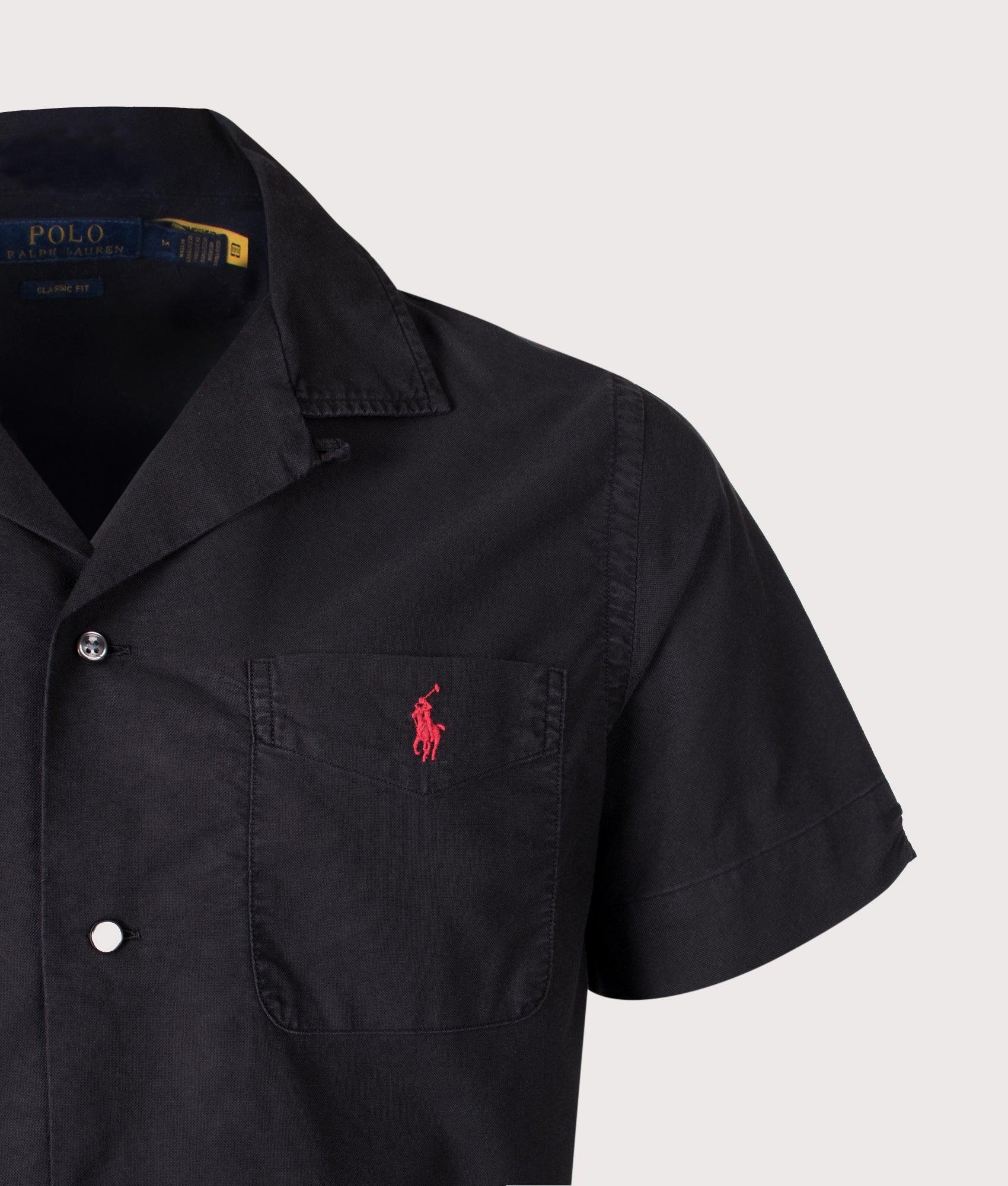 Polo Ralph Lauren Classic Fit Oxford Camp Shirt in Polo Black at EQVVS Menswear. Detail shot.
