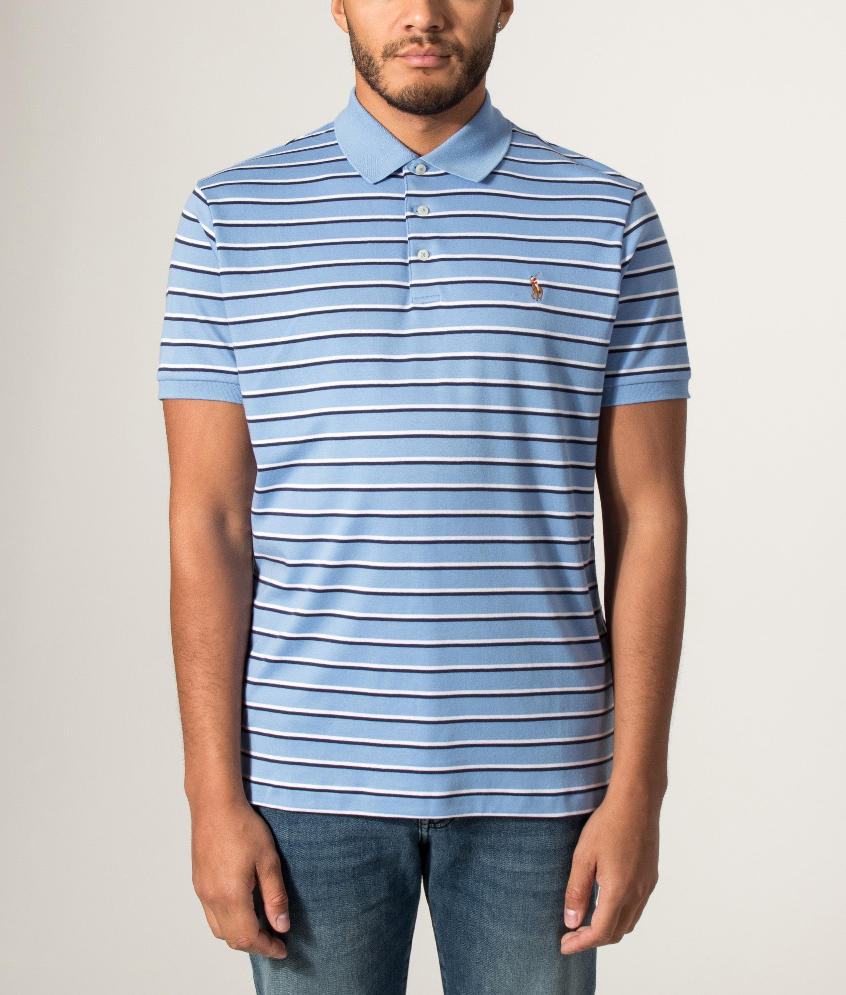Custom Slim Fit Striped Soft Cotton Polo Shirt in Sky Blue Multi by Polo Ralph Lauren. Model front shot.