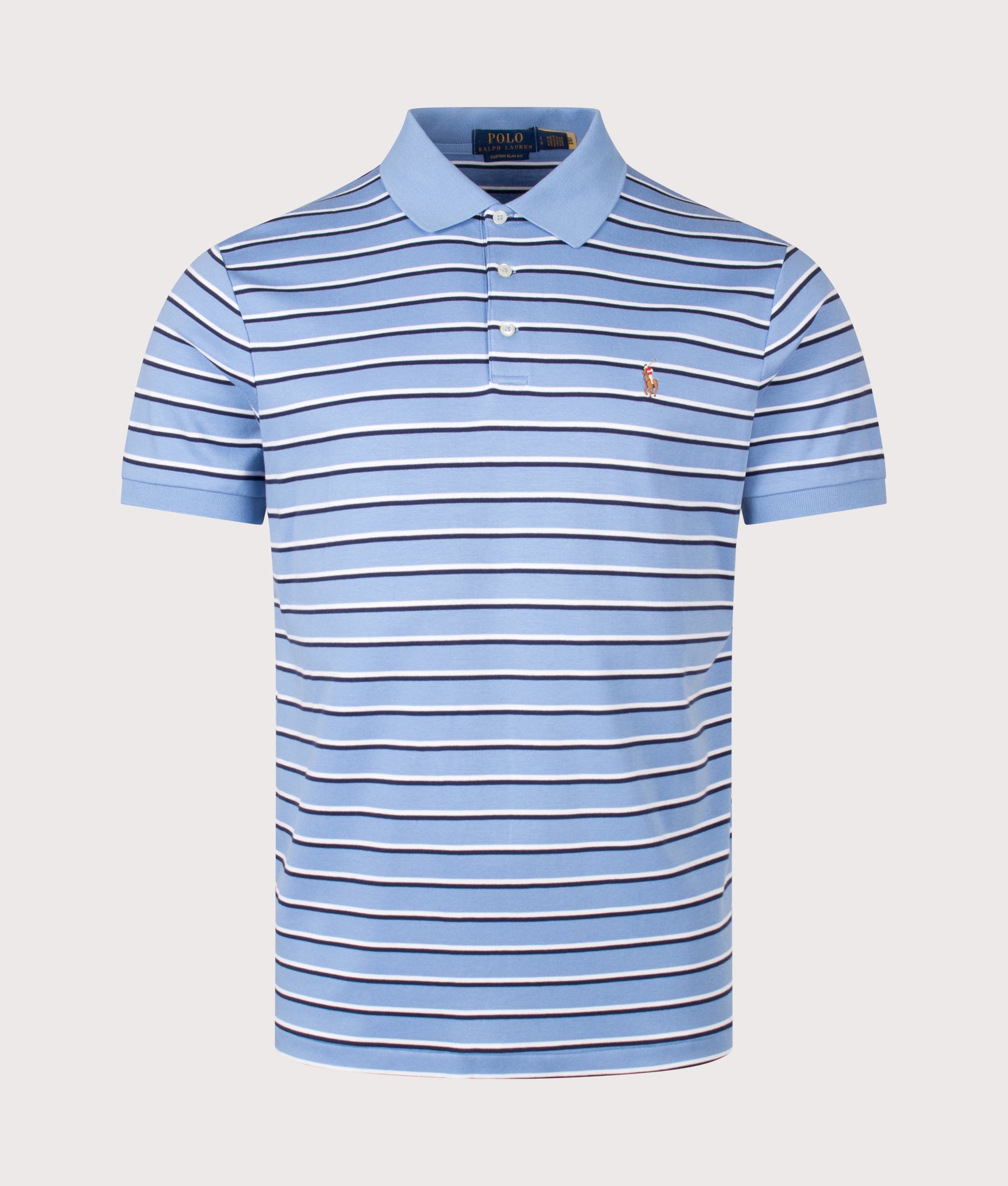 Custom Slim Fit Striped Soft Cotton Polo Shirt in Sky Blue Multi by Polo Ralph Lauren. Shot by EQVVS. Front shot.