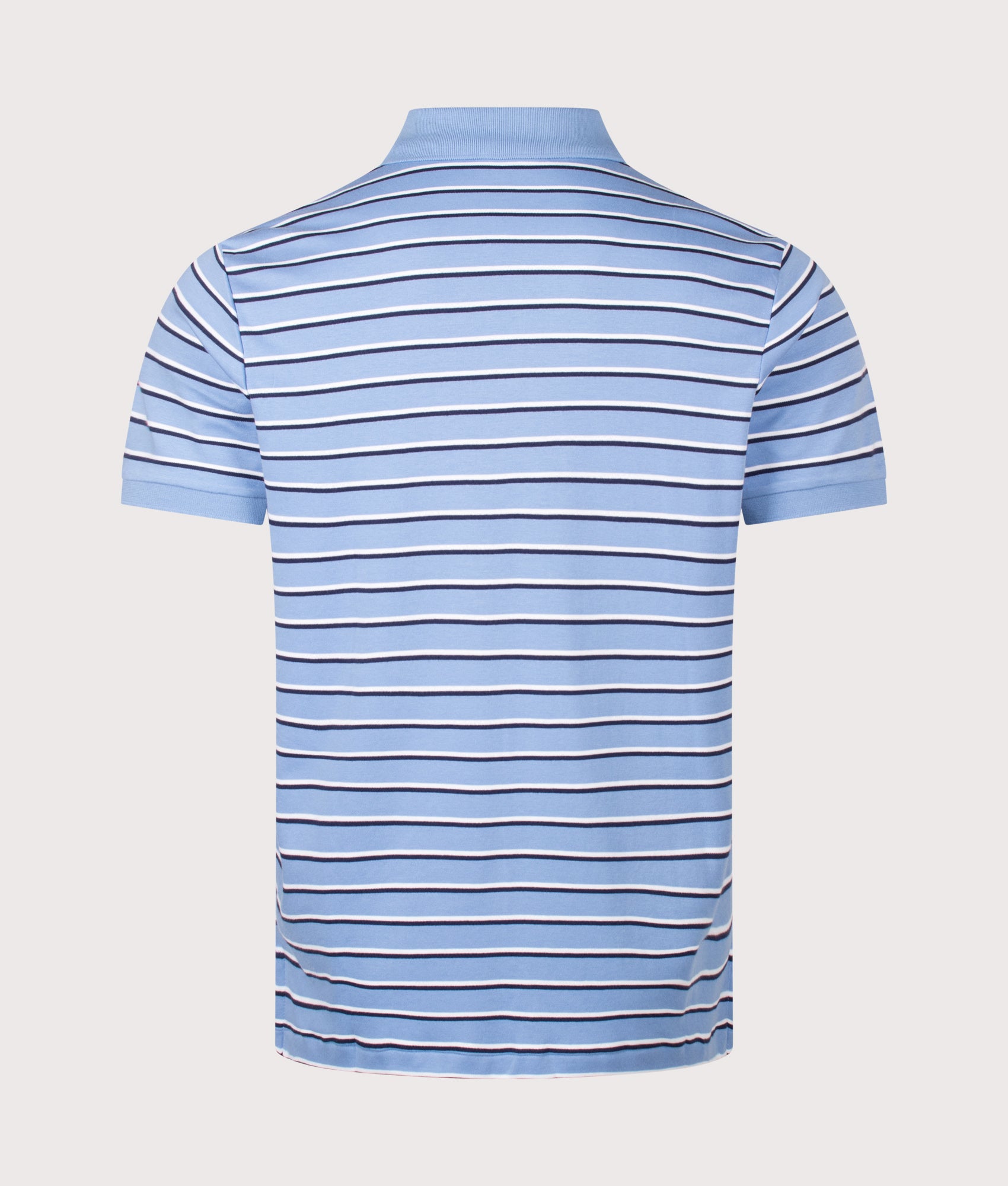 Custom Slim Fit Striped Soft Cotton Polo Shirt in Sky Blue Multi by Polo Ralph Lauren. Shot by EQVVS. Back shot.