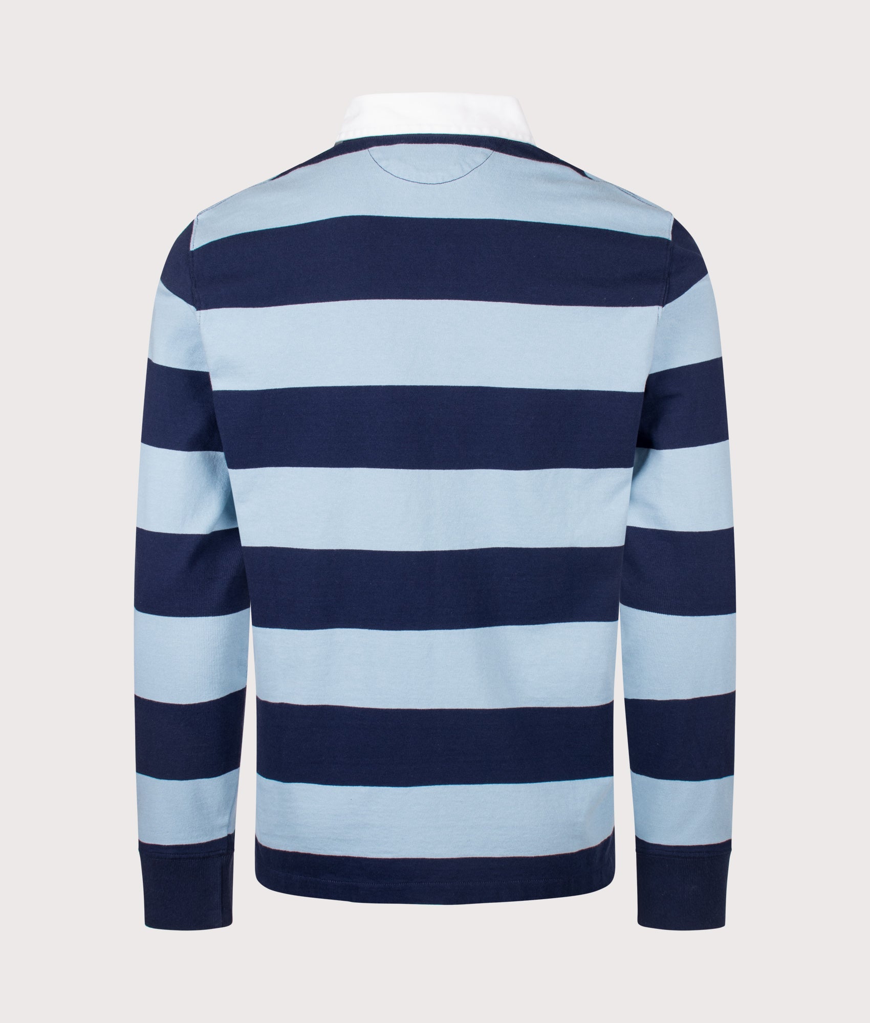 Classic Fit The Iconic Striped Rugby Shirt in Powder Blue/Newport Navy by Polo Ralph Lauren. Shot by EQVVS. Back Shot.