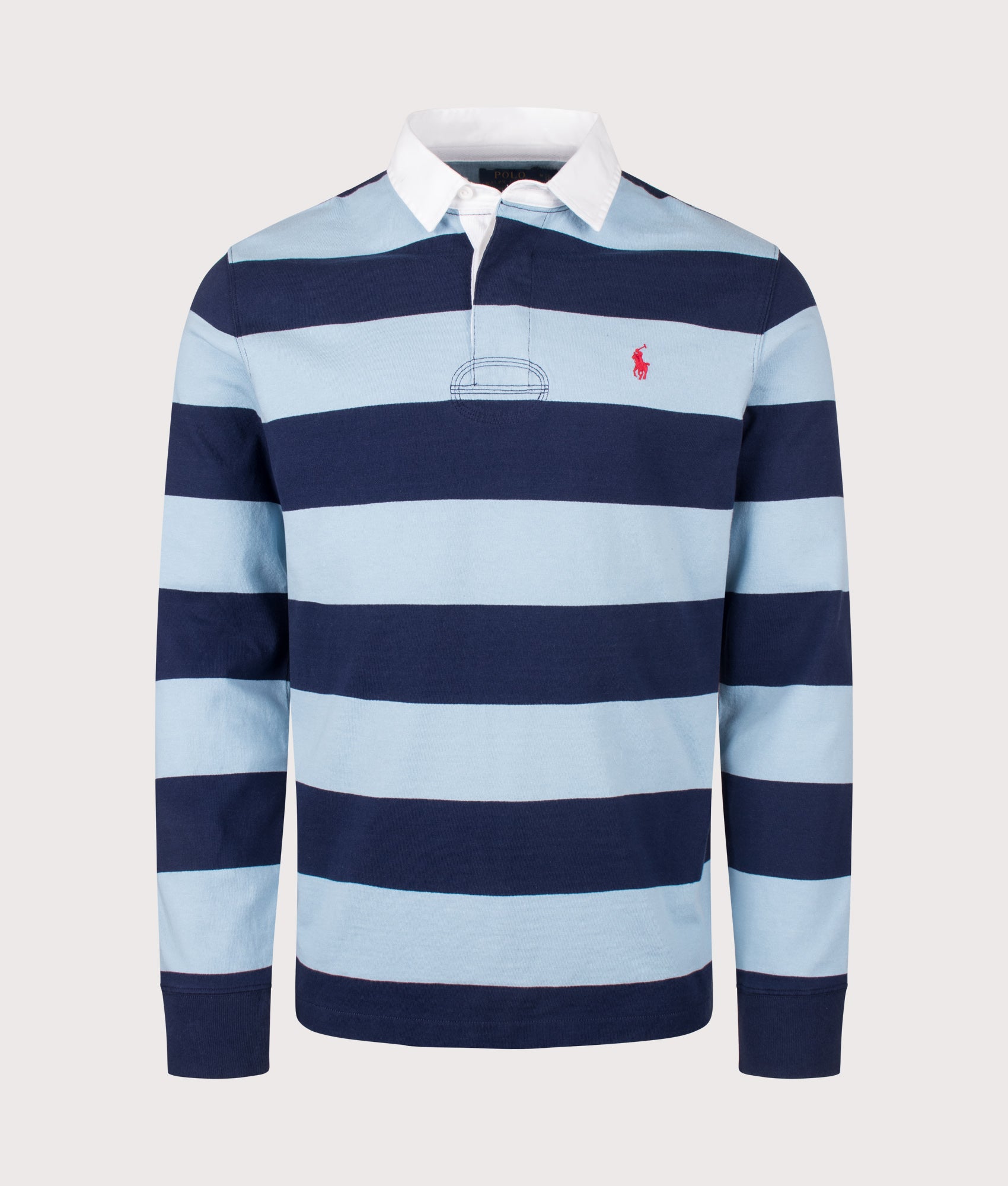 Classic Fit The Iconic Striped Rugby Shirt in Powder Blue/Newport Navy by Polo Ralph Lauren. Shot by EQVVS. Front Shot.