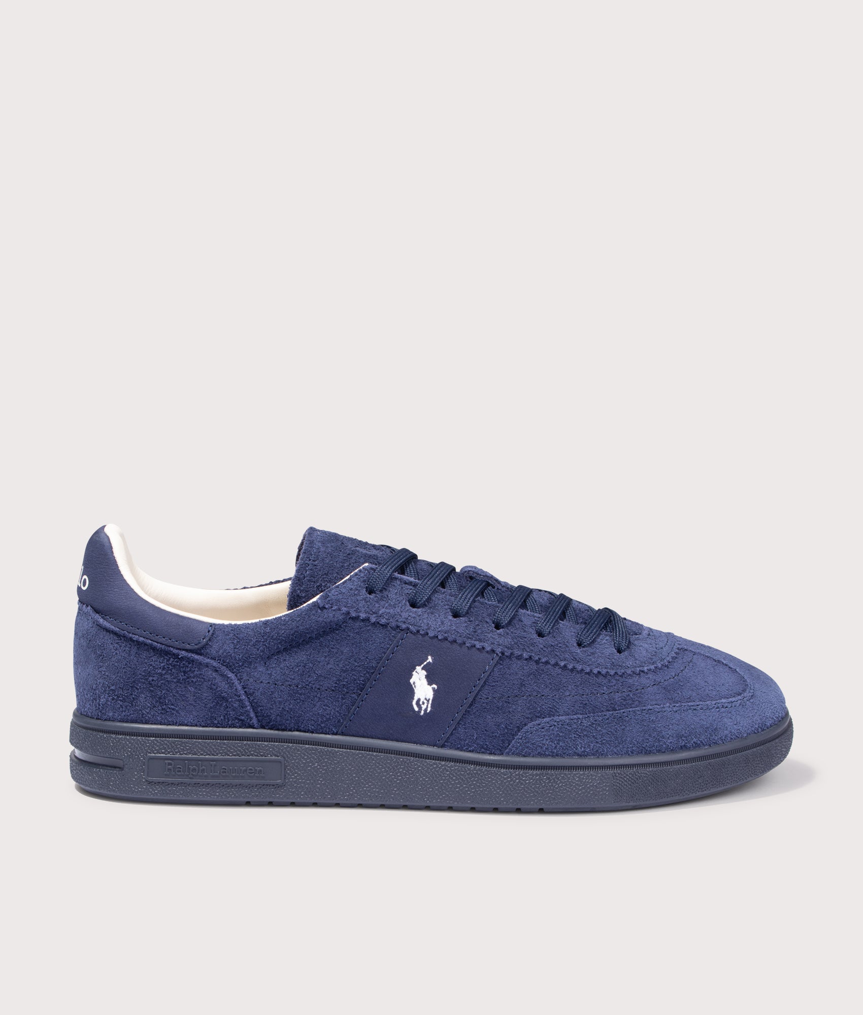 Polo Ralph Lauren Bedford Suede Sneakers in Tonal Navy at EQVVS Menswear. Side shot.