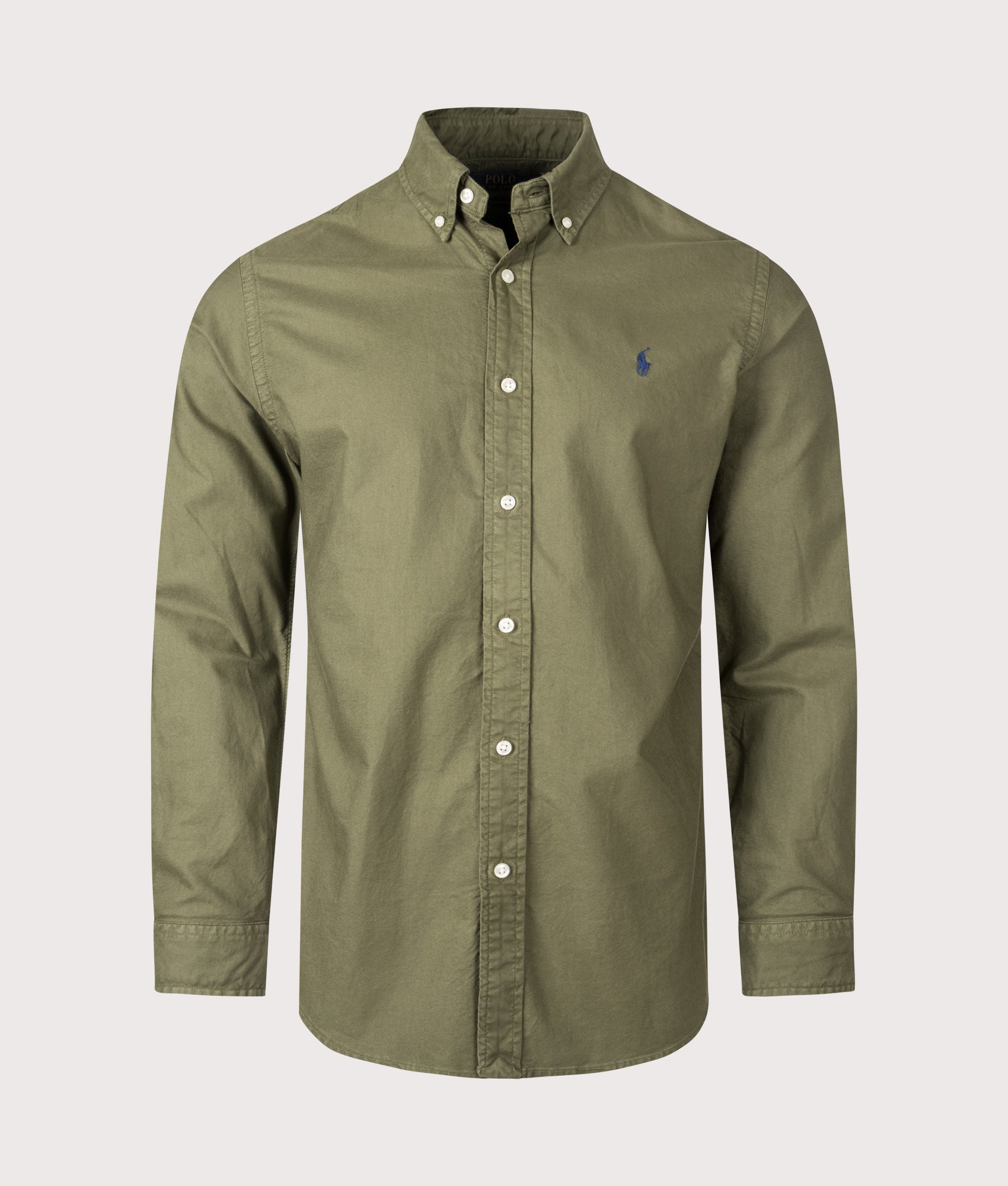  Custom Fit Garment-Dyed Oxford Shirt in New Olive | 100% Cotton | Polo Ralph Lauren | EQVVS | Front shot 