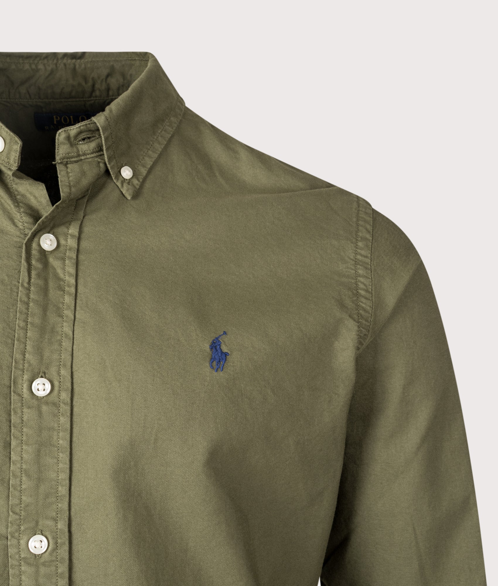  Custom Fit Garment-Dyed Oxford Shirt in New Olive | 100% Cotton | Polo Ralph Lauren | EQVVS | Front detail shot 