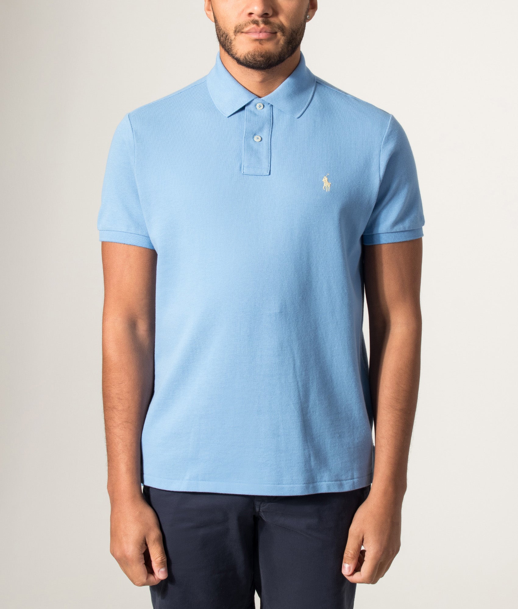 Polo Ralph Lauren Custom Slim Fit Mesh Polo Shirt in Bristol Blue at EQVVS Menswear. Model front shot.