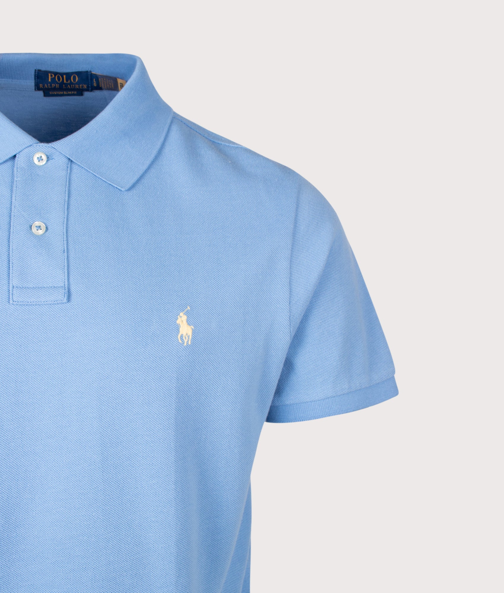 Polo Ralph Lauren Custom Slim Fit Mesh Polo Shirt in Bristol Blue at EQVVS Menswear. Detail shot.
