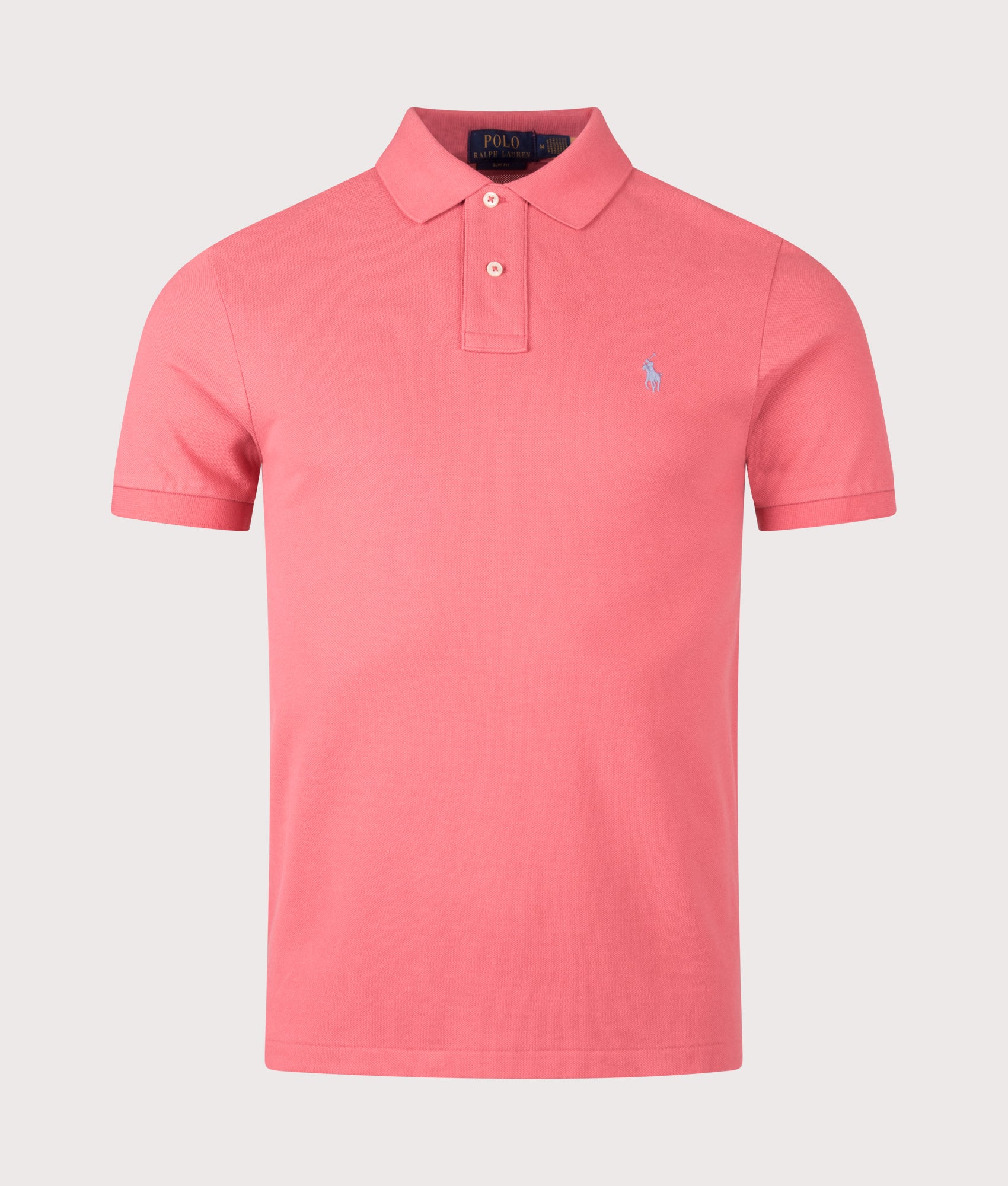 Polo Ralph Lauren Slim Fit Mesh Polo Shirt in Red Sky at EQVVS Menswear. Front shot.