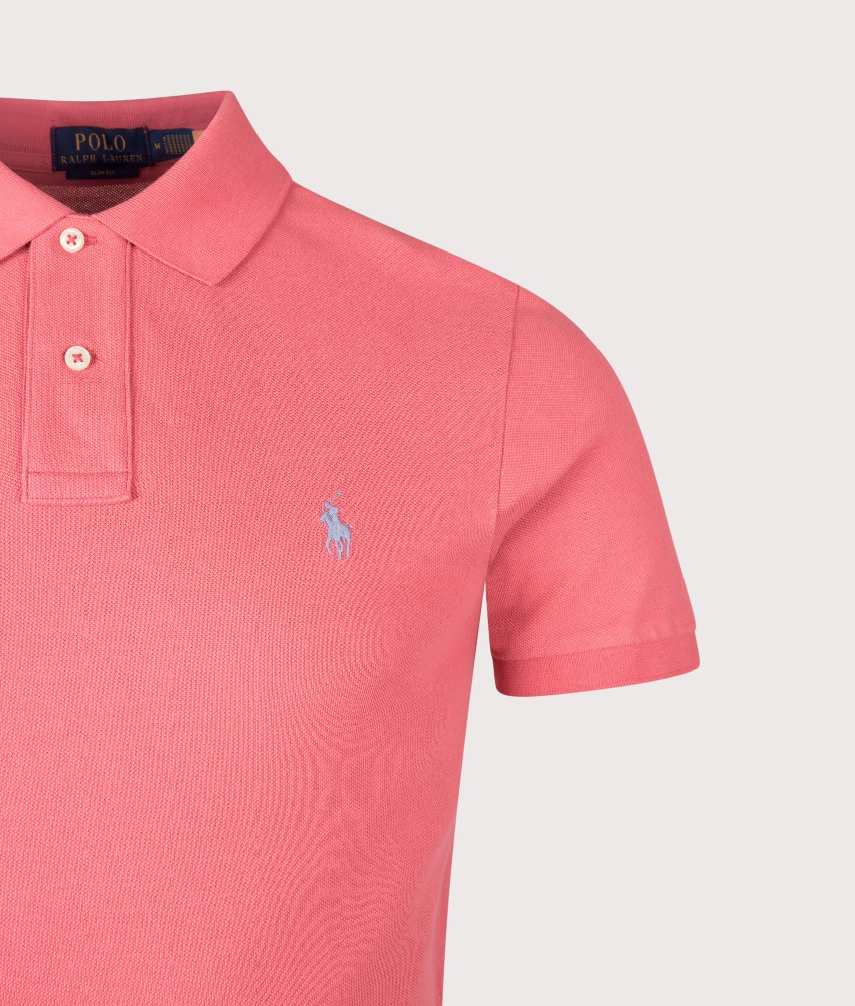 Polo Ralph Lauren Slim Fit Mesh Polo Shirt in Red Sky at EQVVS Menswear. Detail shot.