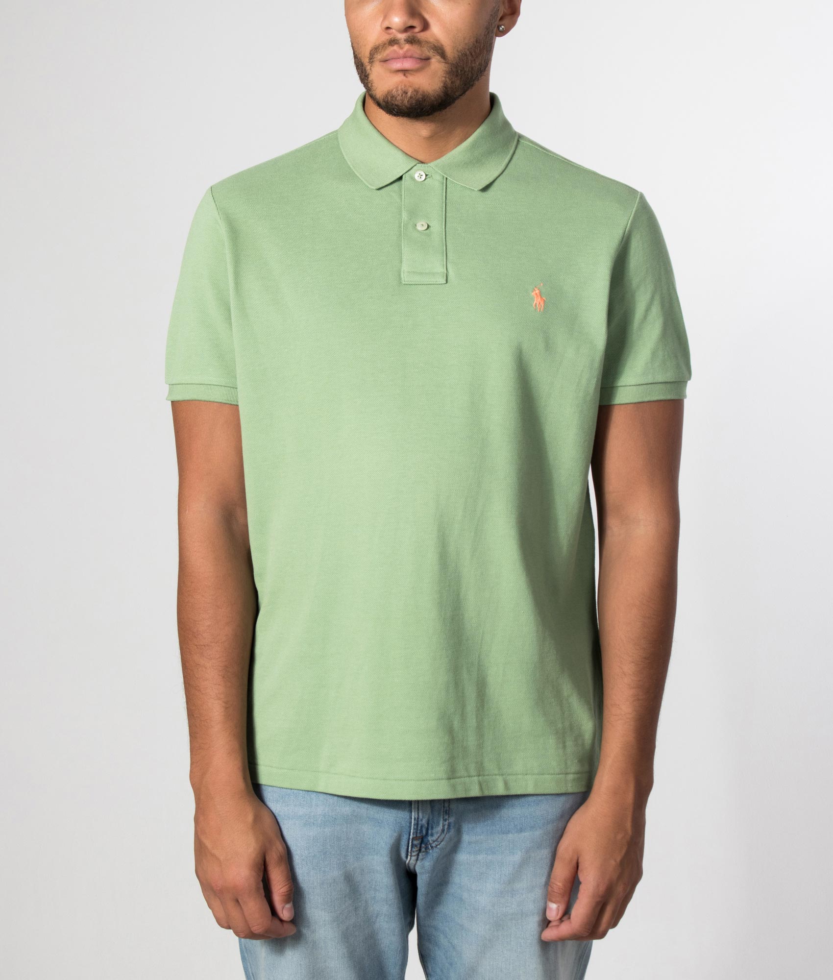 Custom Slim Fit Mesh Polo Shirt in Outback Green by Polo Ralph Lauren. Shot by EQVVS. Model front shot.