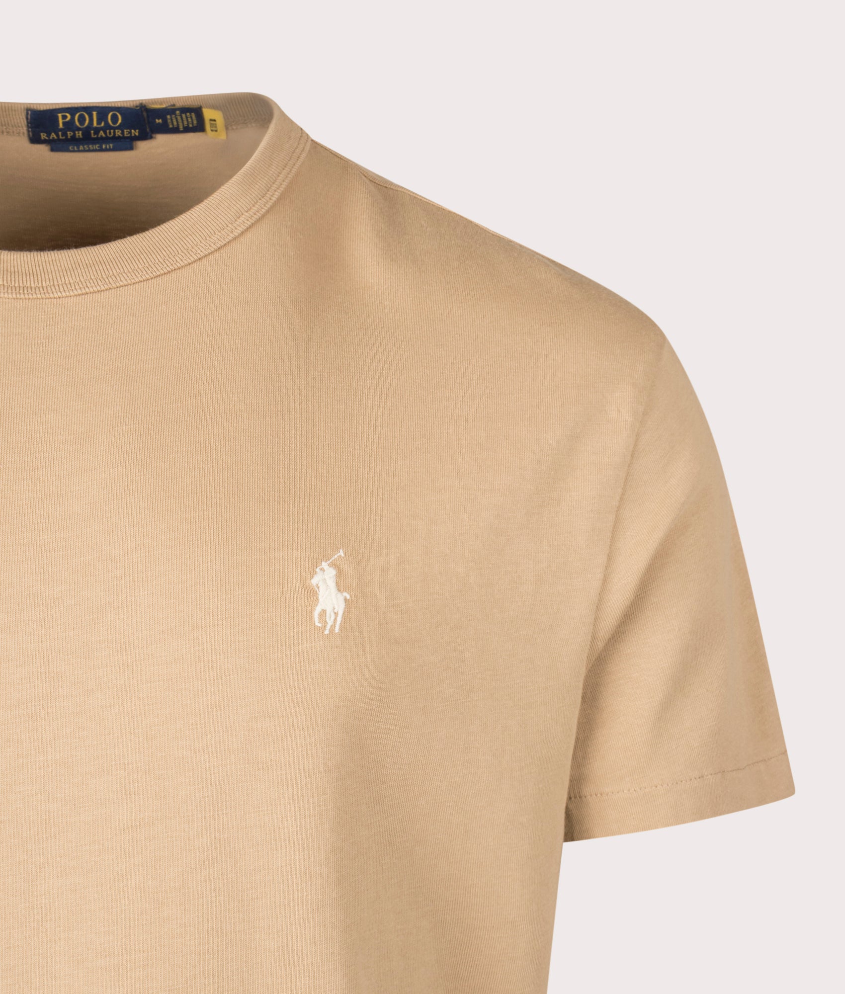 Polo Ralph Lauren Classic Fit Jersey T-Shirt in classic camel at EQVVS Menswear. Detail shot.