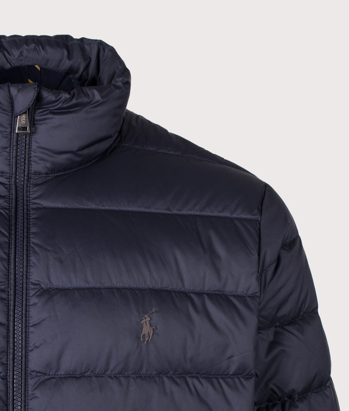 Polo Ralph Lauren The Colden Packable Down Jacket in Collection Navy at EQVVS Menswear. Detail shot.