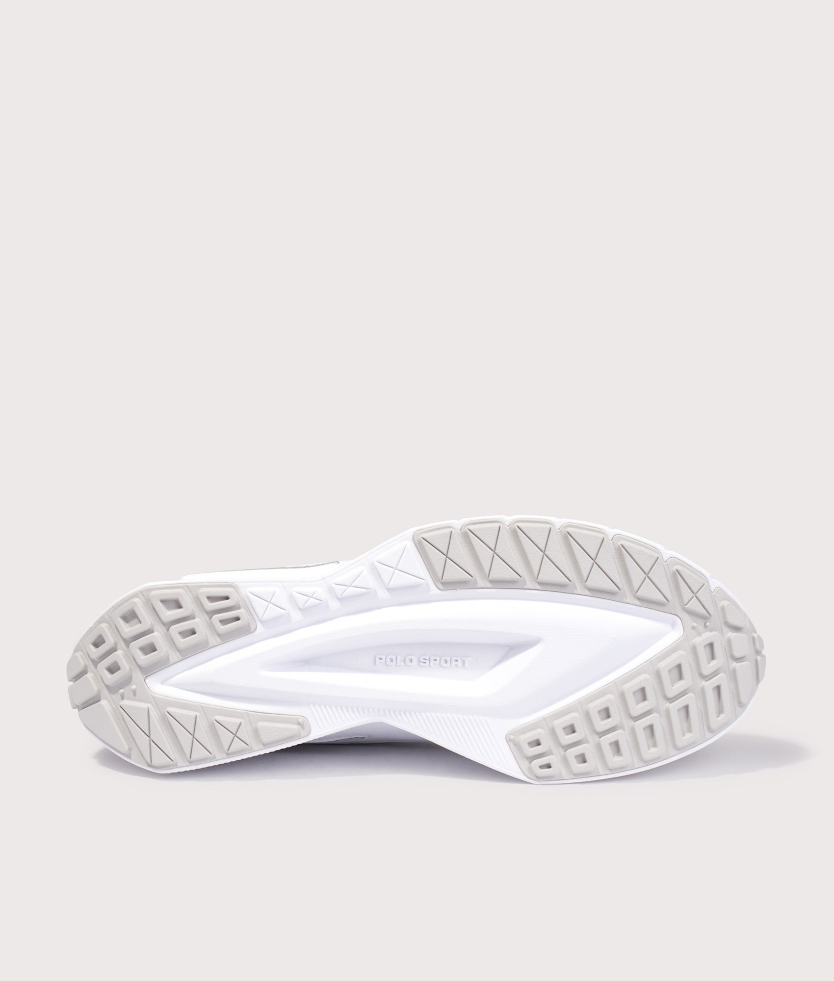 Polo Ralph Lauren Boerum Suede-Paneled Knit Trainers in Deckwash White and Grey Violet at EQVVS Menswear. Tread shot.