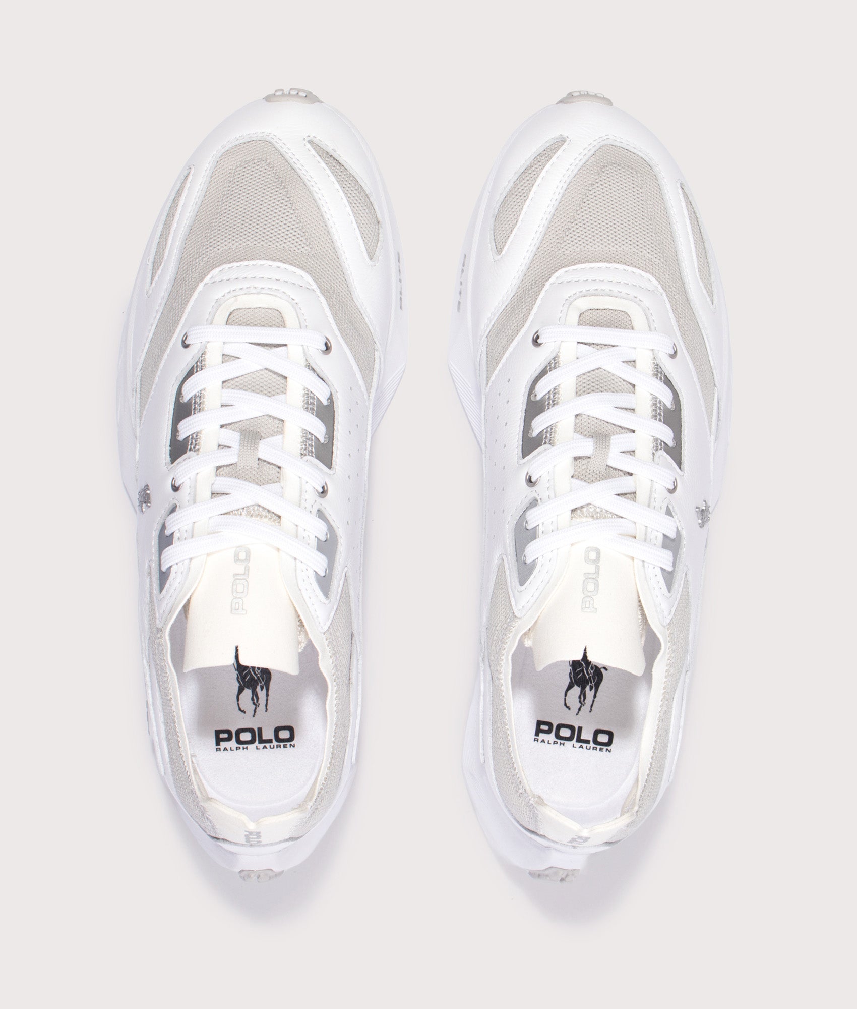 Polo Ralph Lauren Boerum Suede-Paneled Knit Trainers in Deckwash White and Grey Violet at EQVVS Menswear. Top shot.