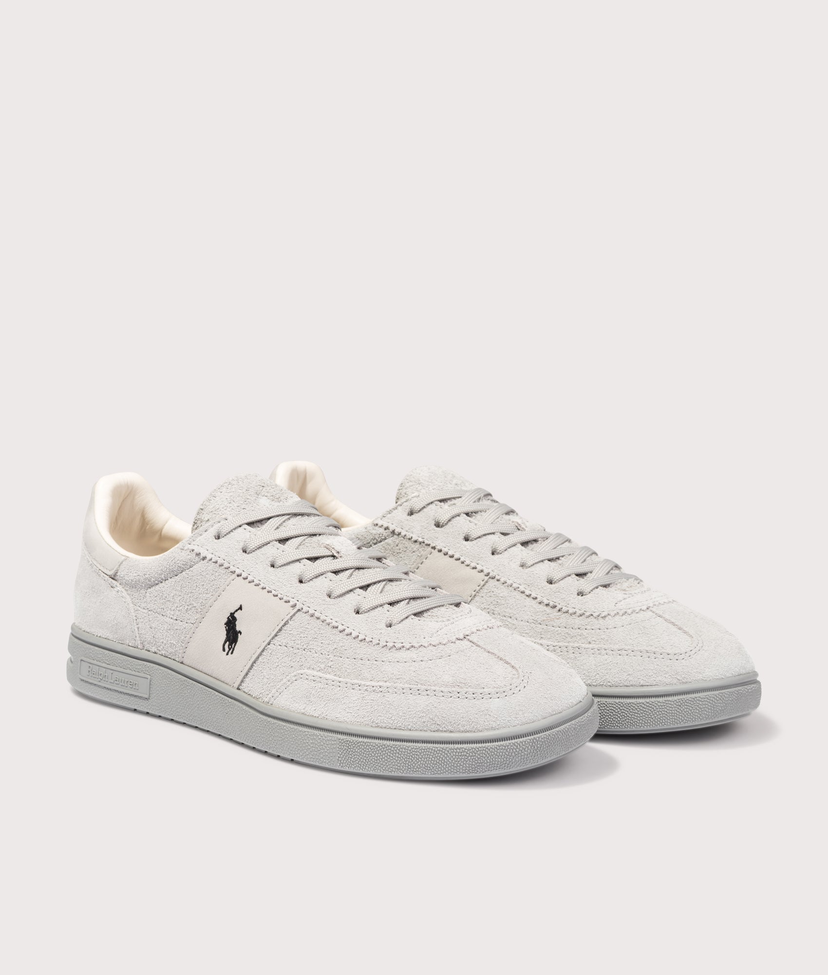 Polo Ralph Lauren Bedford Suede Sneakers in Tonal Soft Grey at EQVVS Menswear. Angled front shot.