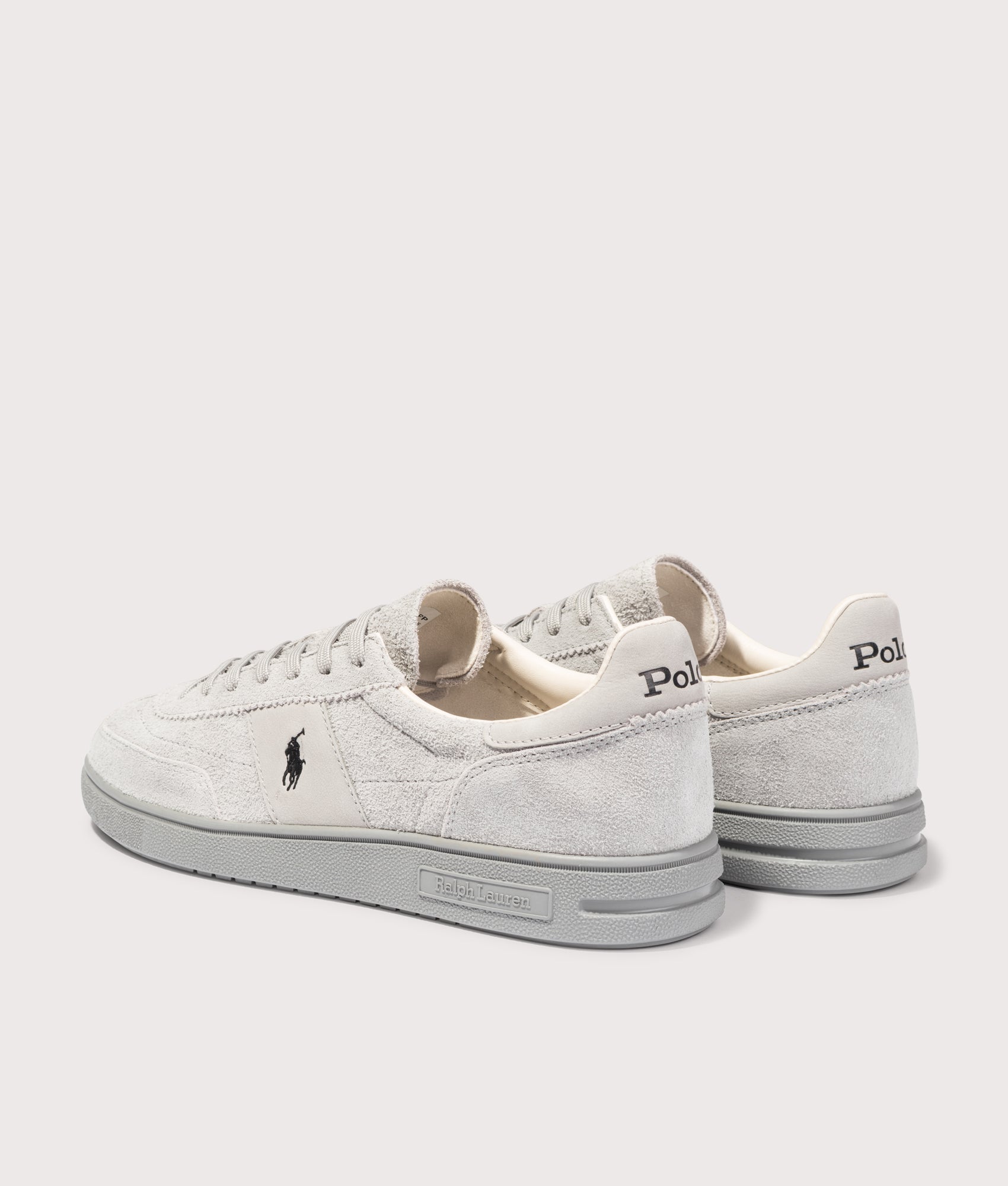 Polo Ralph Lauren Bedford Suede Sneakers in Tonal Soft Grey at EQVVS Menswear. Angled back shot.