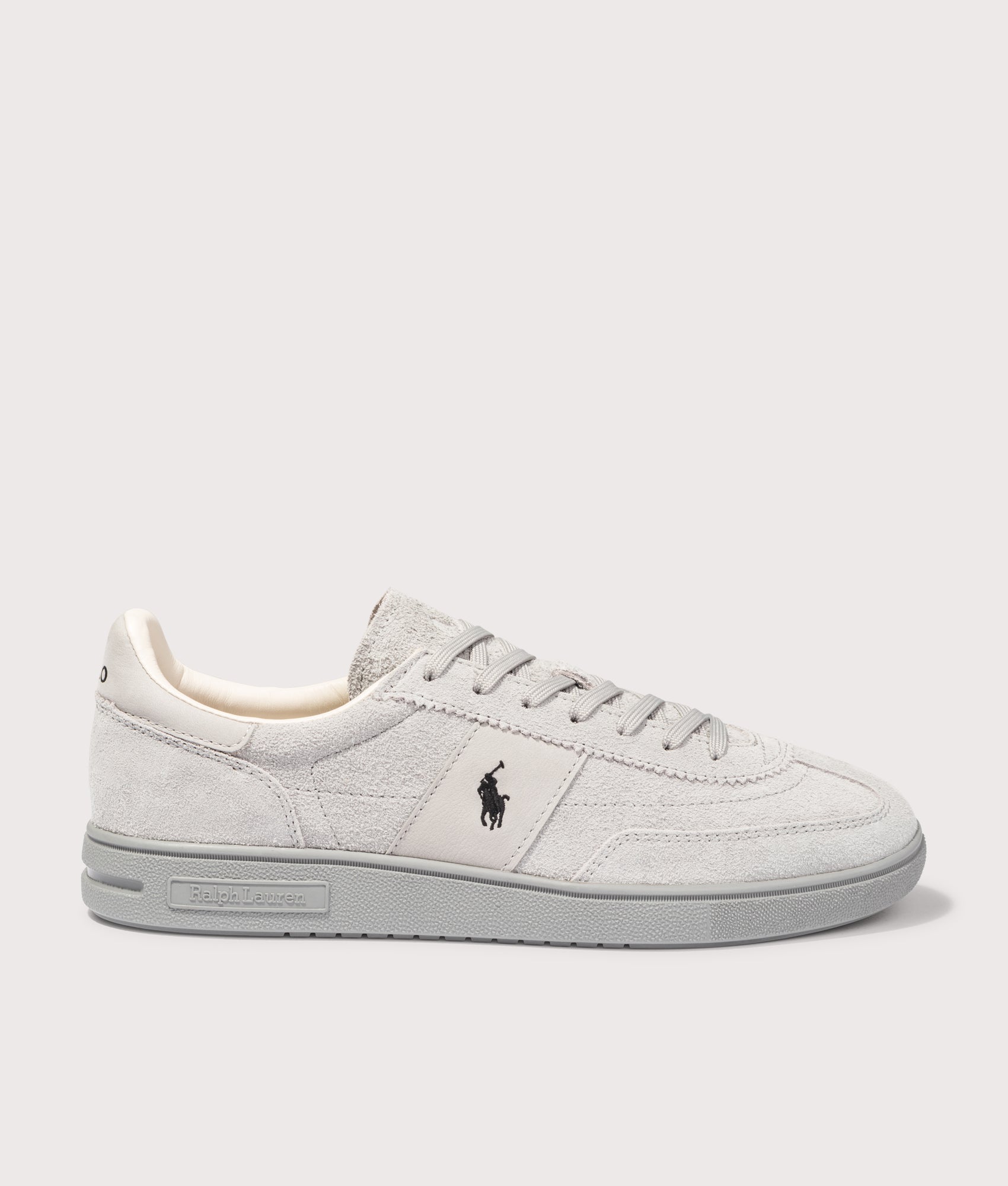 Polo Ralph Lauren Bedford Suede Sneakers in Tonal Soft Grey at EQVVS Menswear. Side shot.