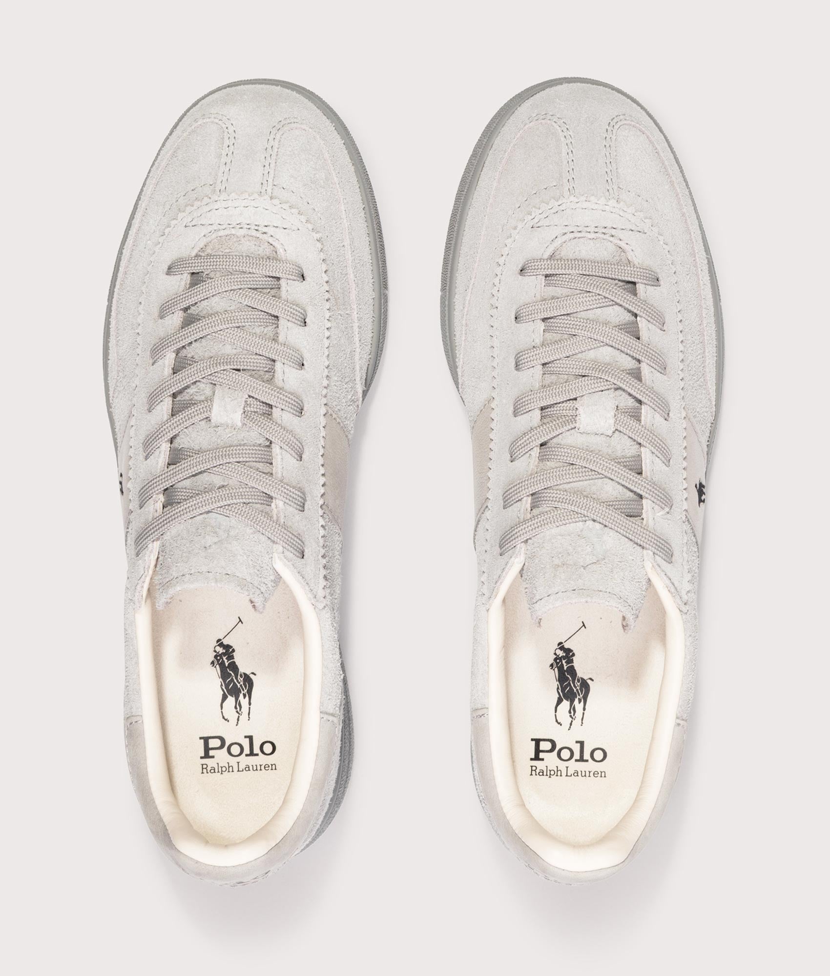 Polo Ralph Lauren Bedford Suede Sneakers in Tonal Soft Grey at EQVVS Menswear. Top shot.
