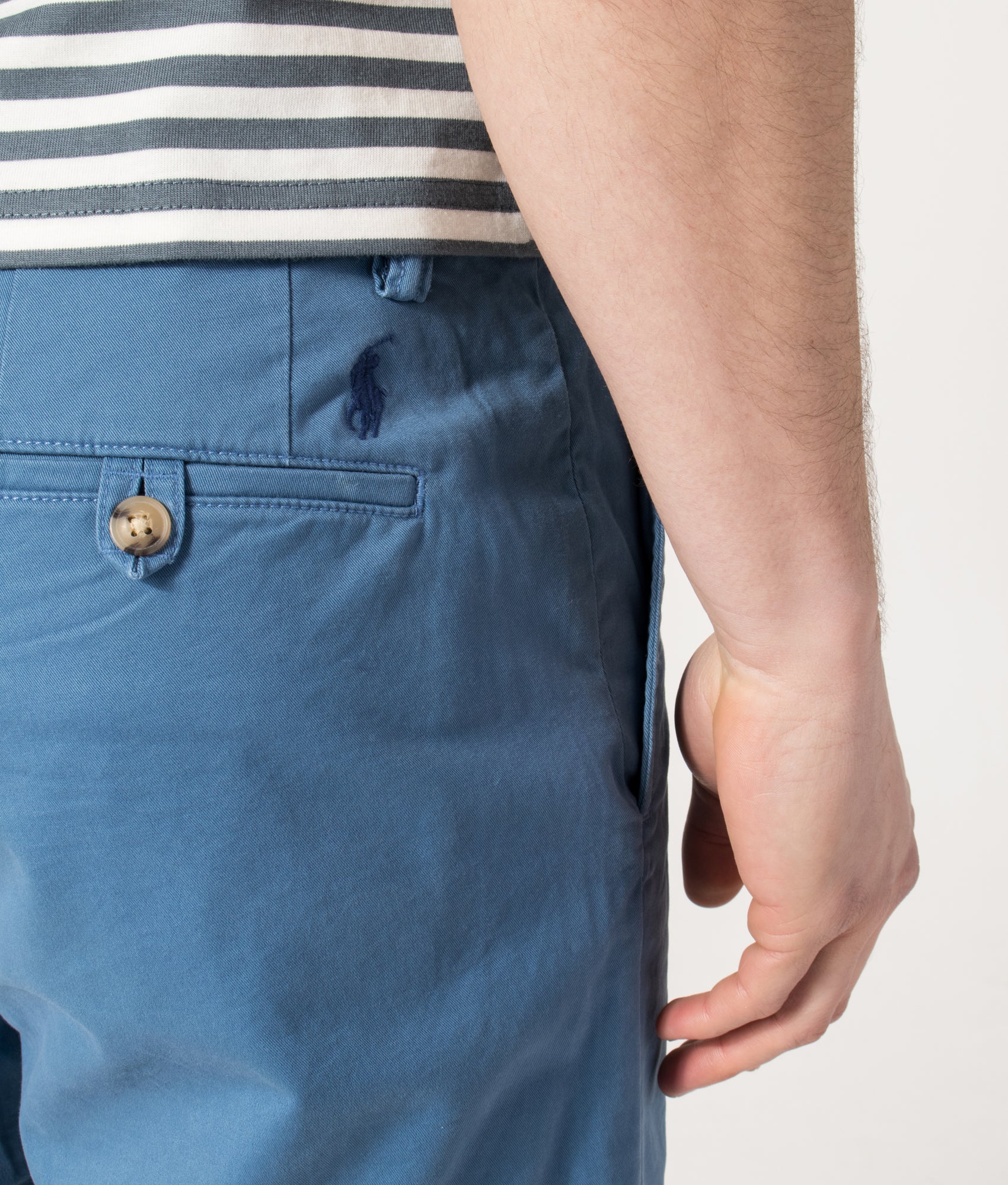 Polo Ralph Lauren Regular Fit Bedford Stretch Chino Shorts in Delta Blue at EQVVS Menswear. Back detail shot.