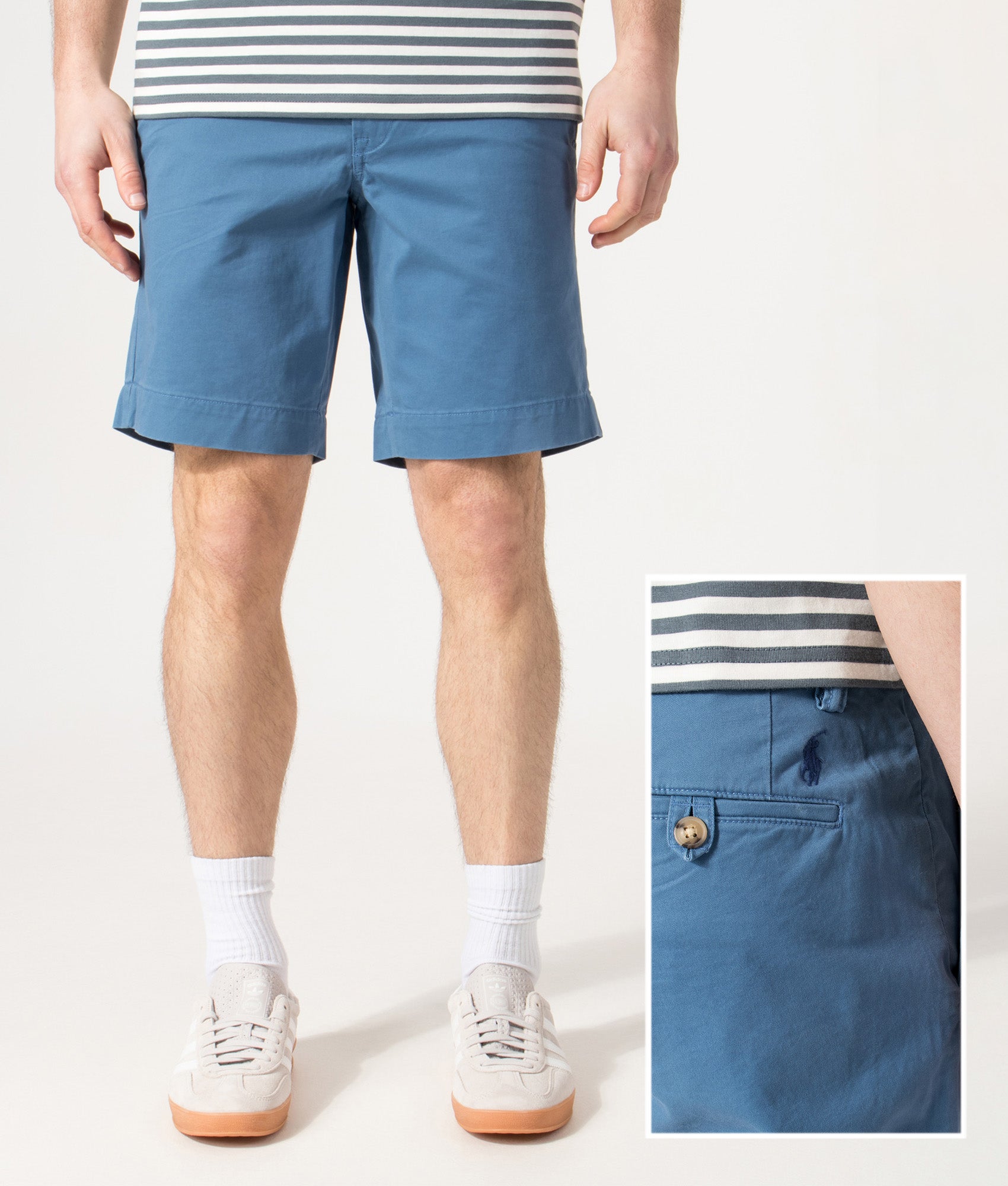 Polo Ralph Lauren Regular Fit Bedford Stretch Chino Shorts in Delta Blue at EQVVS Menswear. Front and back shot. 