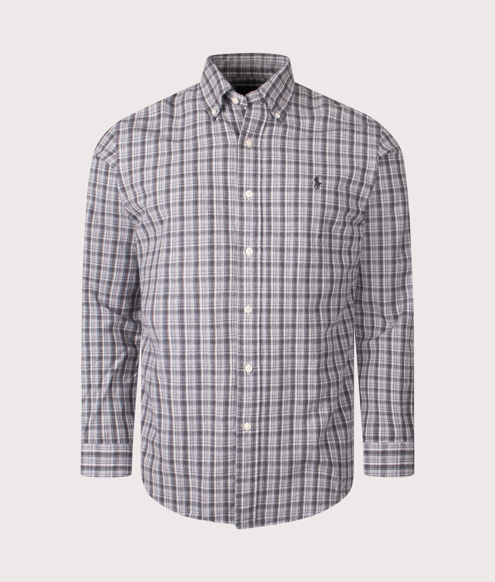 Polo Ralph Lauren Custom Fit Brushed Oxford Shirt in Grey Heather Multi at EQVVS Menswear. Front shot.