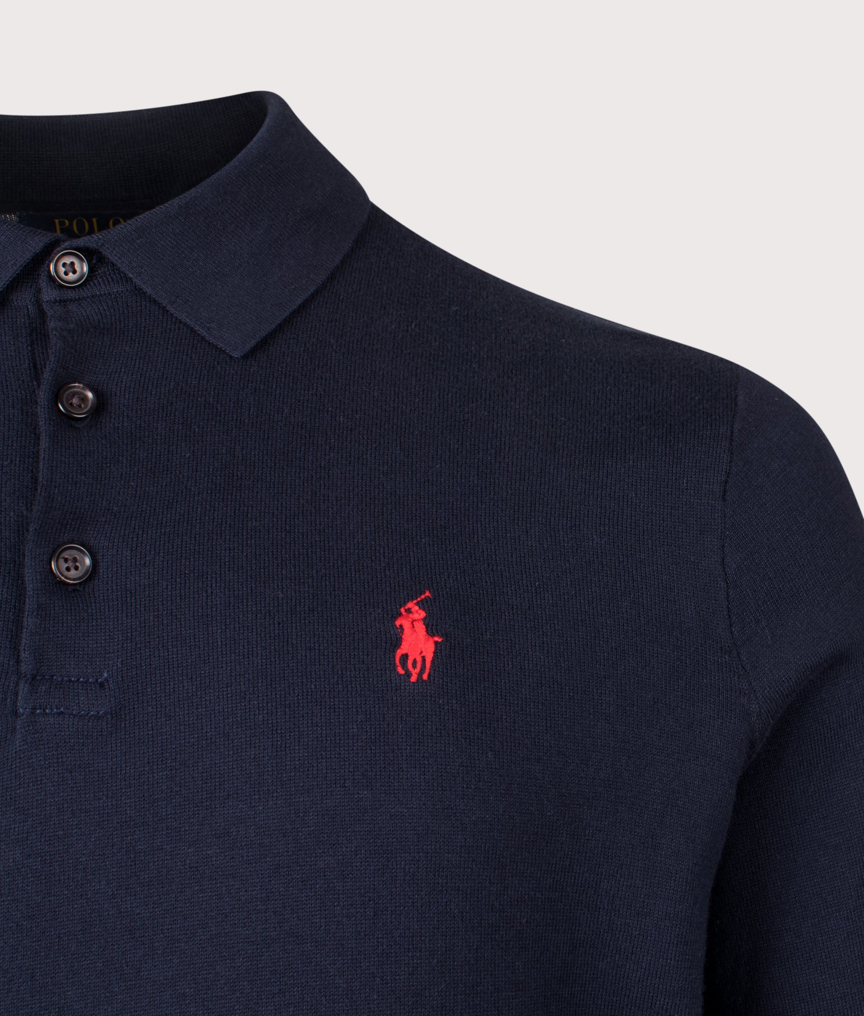 Polo Collar Knit Jumper in Hunter Navy | 100% Cotton | Polo Ralph Lauren | EQVVS | Front detail shot 