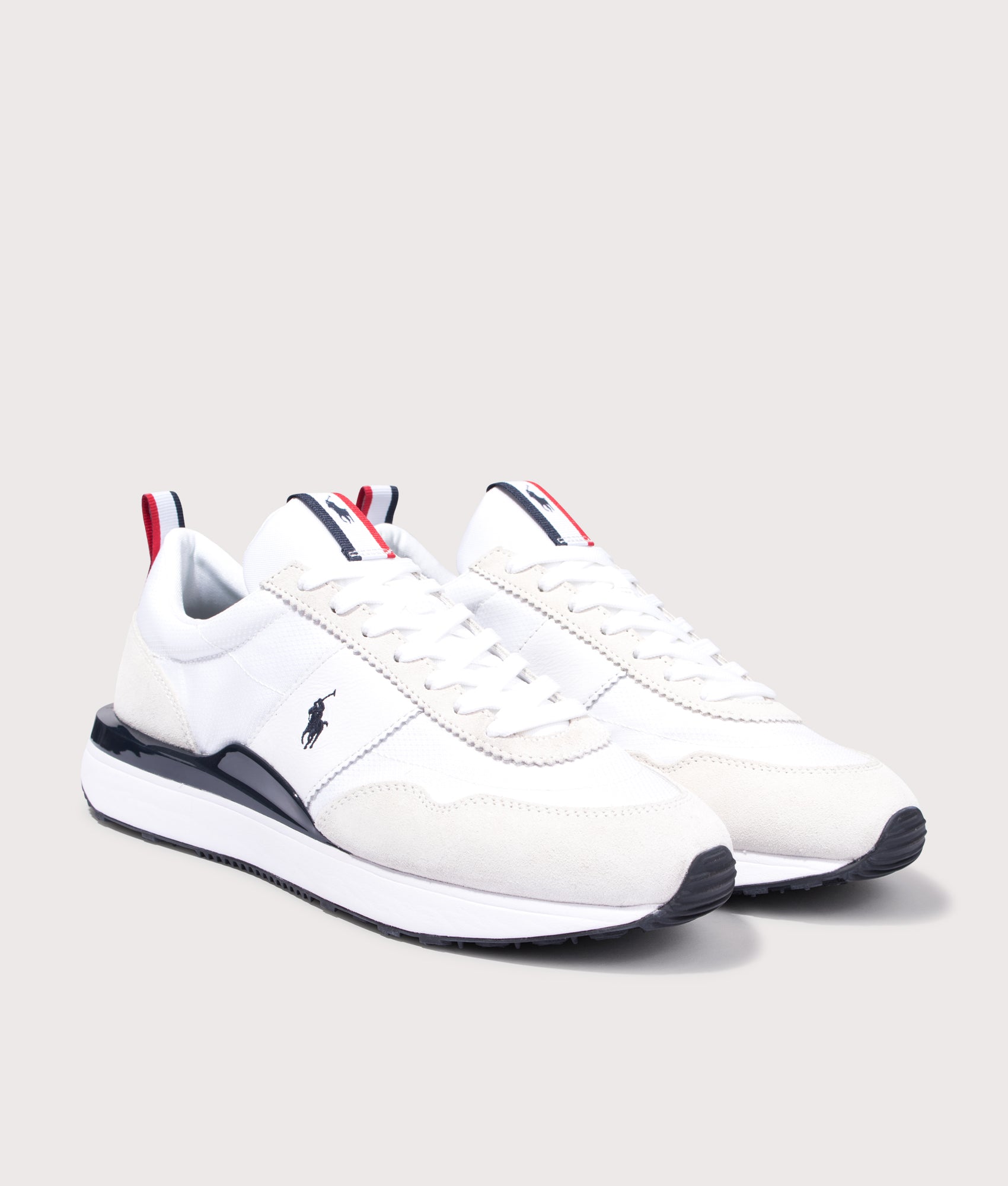 Polo Ralph Lauren Train 89 Suede & Oxford Sneakers in White, Navy and Red at EQVVS Menswear. Angled front shot.