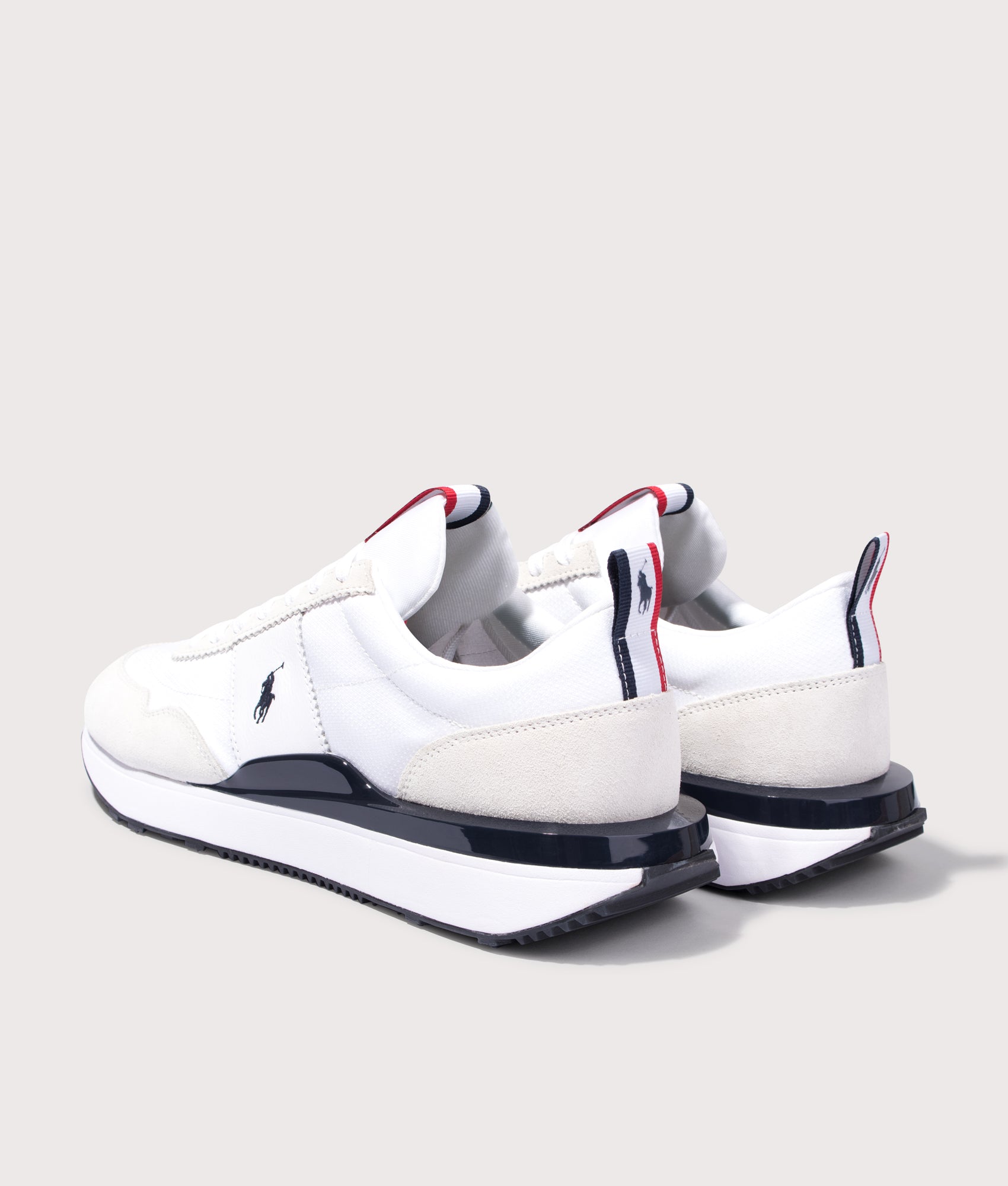 Polo Ralph Lauren Train 89 Suede & Oxford Sneakers in White, Navy and Red at EQVVS Menswear. Back shot.