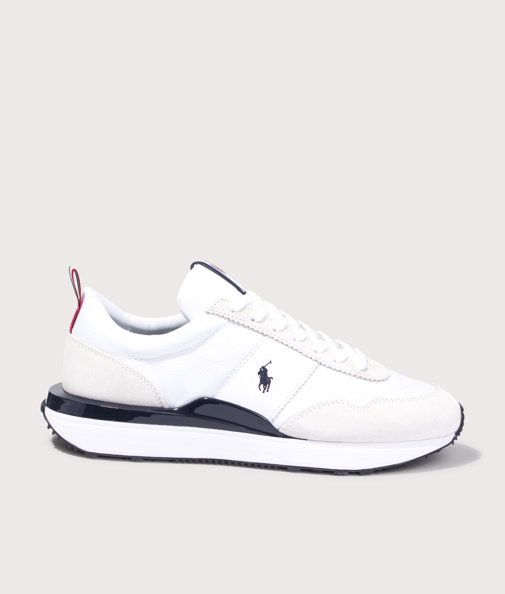 Polo Ralph Lauren Train 89 Suede & Oxford Sneakers in White, Navy and Red at EQVVS Menswear. Side shot.