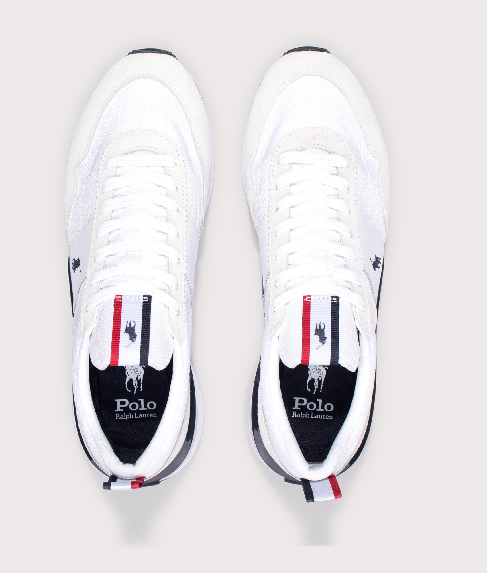 Polo Ralph Lauren Train 89 Suede & Oxford Sneakers in White, Navy and Red at EQVVS Menswear. Top shot.
