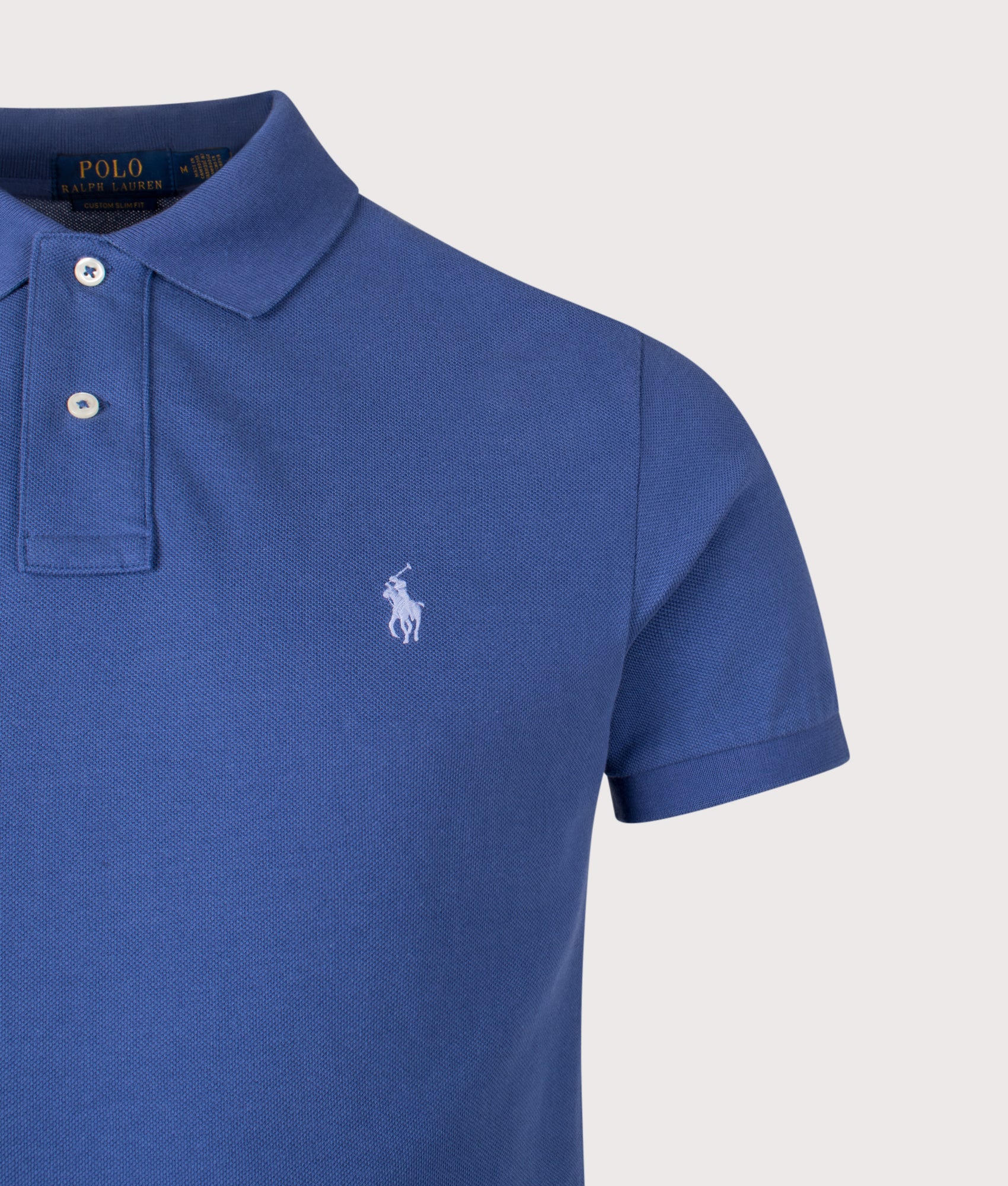 Custom Slim Fit Mesh Polo Shirt in Old Royal | 100% Cotton | Polo Ralph Lauren | EQVVS | Front detail shot 