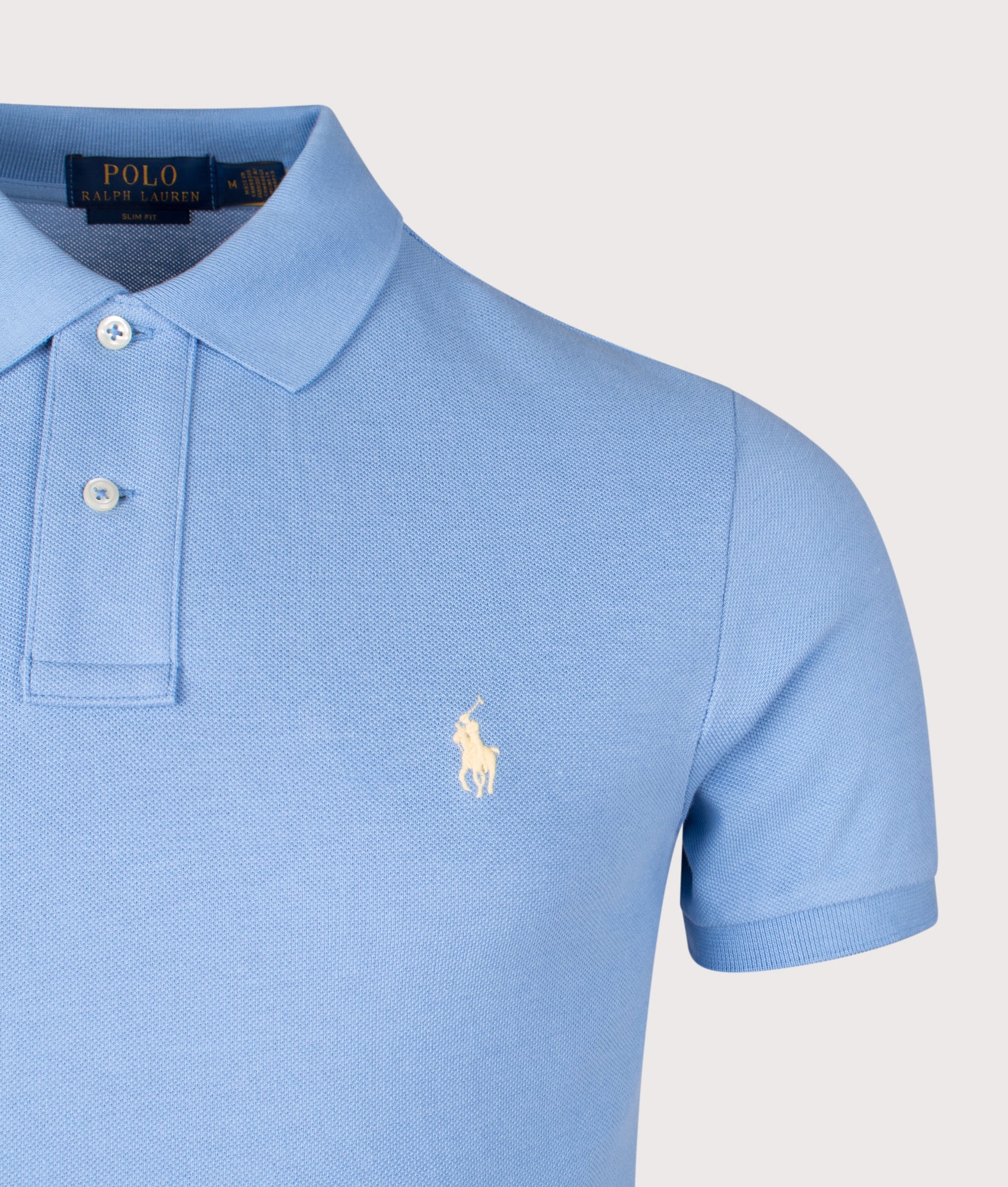 Slim Fit Mesh Polo Shirt in Bristol Blue | 100% Cotton | Polo Ralph Lauren | EQVVS | Front detail shot 